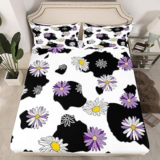 Milk Cow Print Floral FittedÂ Sheet Queen for Women Girls,Purple Lavender Daisy Flower Bedding Set Rustic Home Decor,Cattle Cow Farmhouse Animal BedÂ Sheets,Black and White Cowhide Sheets
