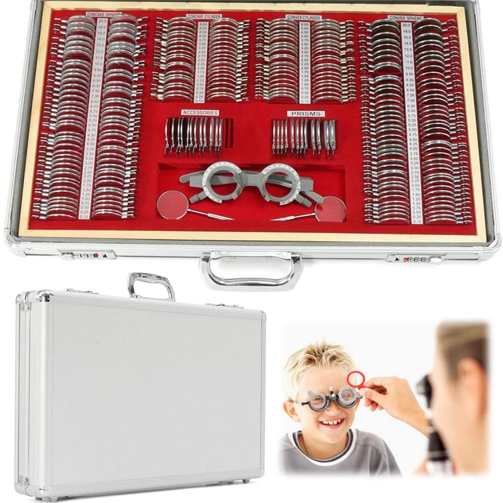 Juego de Lentes ópticos de Prueba 266PCS, Kit de optometría de Borde metálico con Marco de optometría y Estuche de Aluminio, Juego de Accesorios de protección Ocular para escuelas