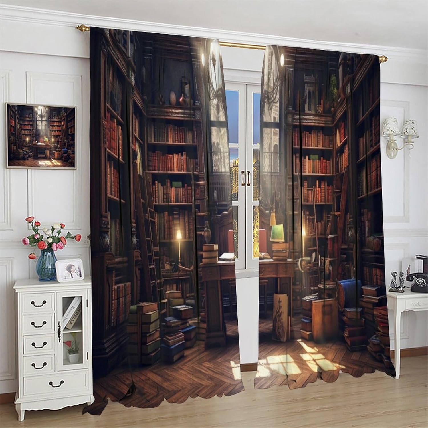 Bookshelf Blackout Curtains, Retro Books Library Bookcase Pattern Window Rod Pocket Thermal Insulated Curtain for Bedroom Living Room Home Office Home Decor Drapes 42x45in