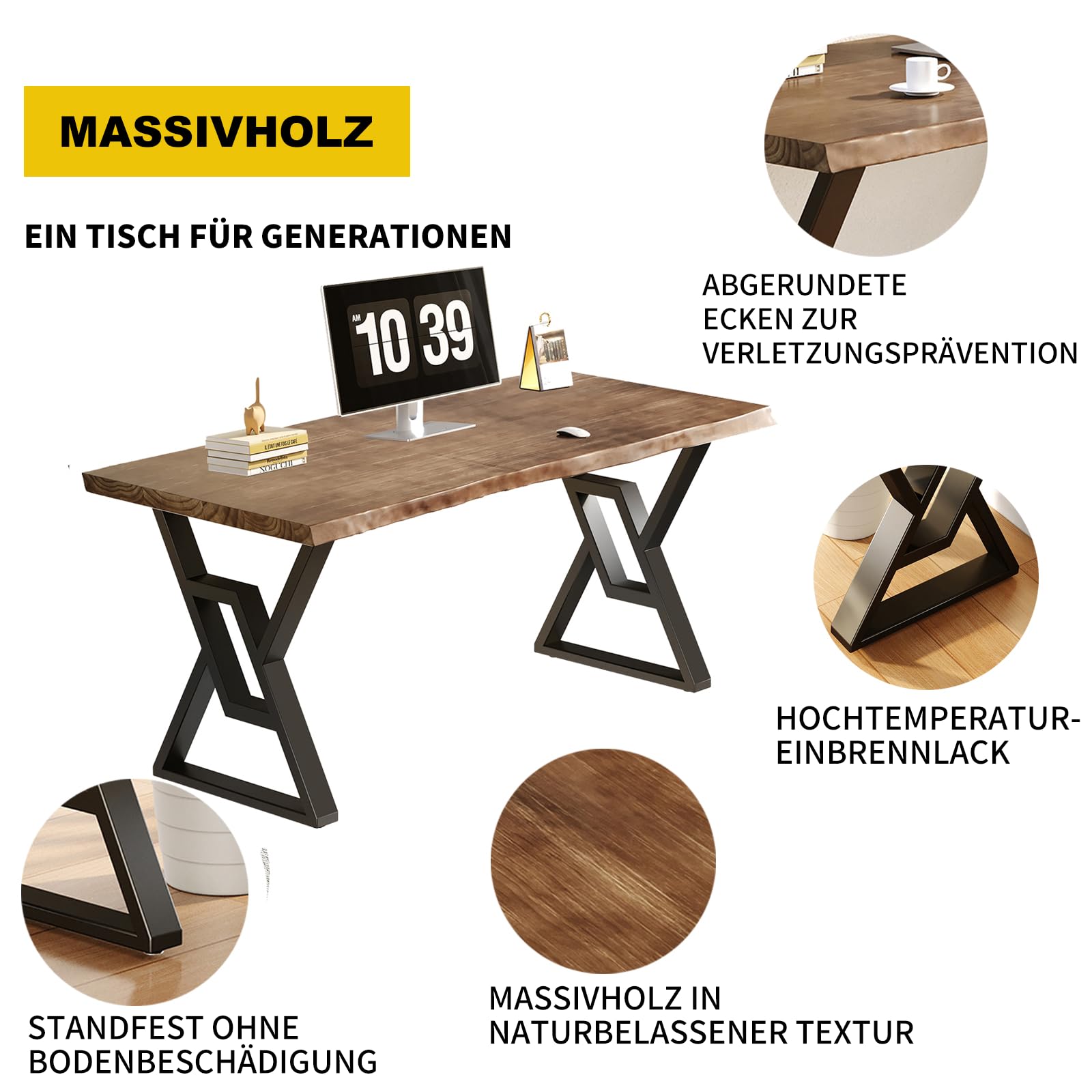 Sihtengxxhongs YOUCAI Massivholz Schreibtisch 140 cm rustikales Design, Homeoffice Schreibtisch, Gaming-Tisch Homeoffice-Arbeitsplatz Robuster Computertisch in Braun für Studium, Schreiben & Büro