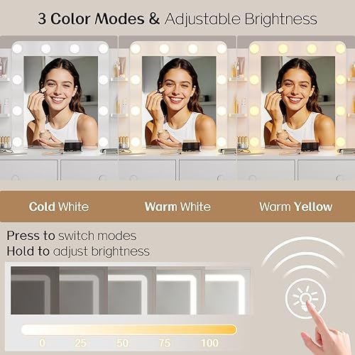 Miniatura 4 de FUXA Vanity Desk with Mirror and Power Outlet, Makeup Vanity with 10 Bulbs and 3 Light Modes, Vanity Table Set with Storage Drawers Shelves and