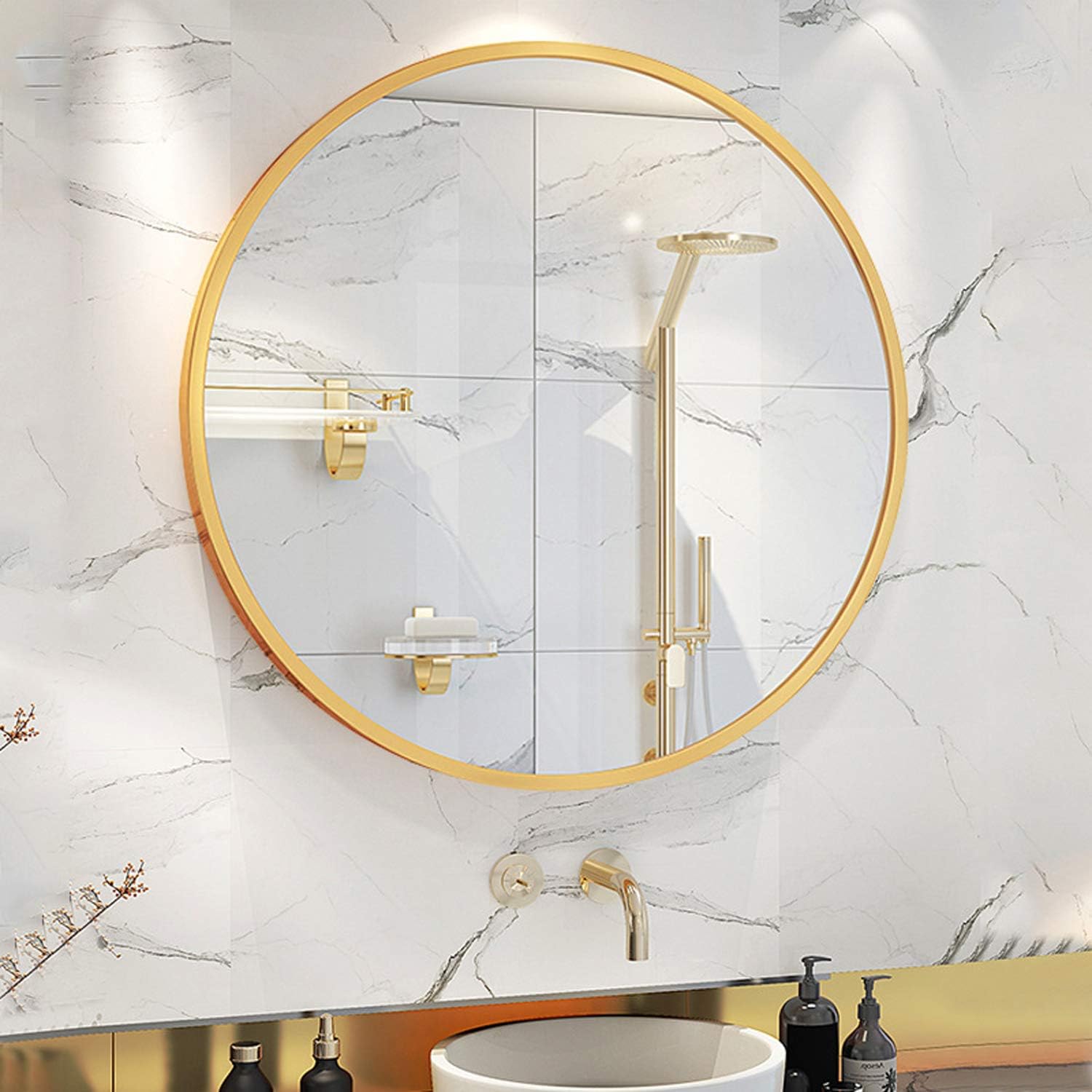 Round Mirror for Bathroom, Circle Wall Mirrors, Modern Brushed Brass Metal for Wall Decor, Best for Vanity Washrooms Bathroom and Living Rooms (Gold, 31 inches), DKYJGD001