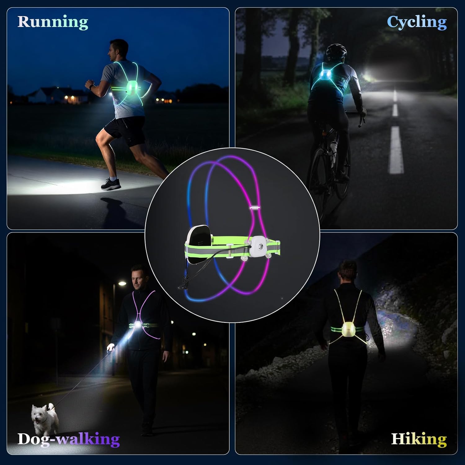 Reflective Running Vest:Rechargeable LED Running Gear with 3 Modes & 7 Colors, Adjustable Running Lights for Runners, Reflective Safety Vest for Night Running, Cycling, Walking,Hiking(Large)