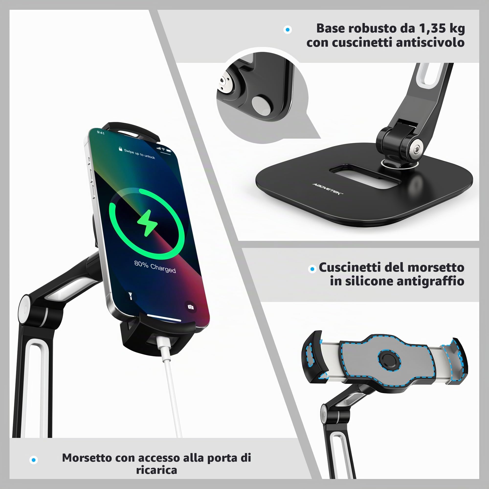 AboveTEK Supporto per Tablet in Alluminio, Con Rotazione a 360°, Compatibile con Tablet e Telefoni da 4 a 11 Pollici, Struttura Professionale e Robusta, Ideale per Negozi, Uffici e Showroom (Nero)