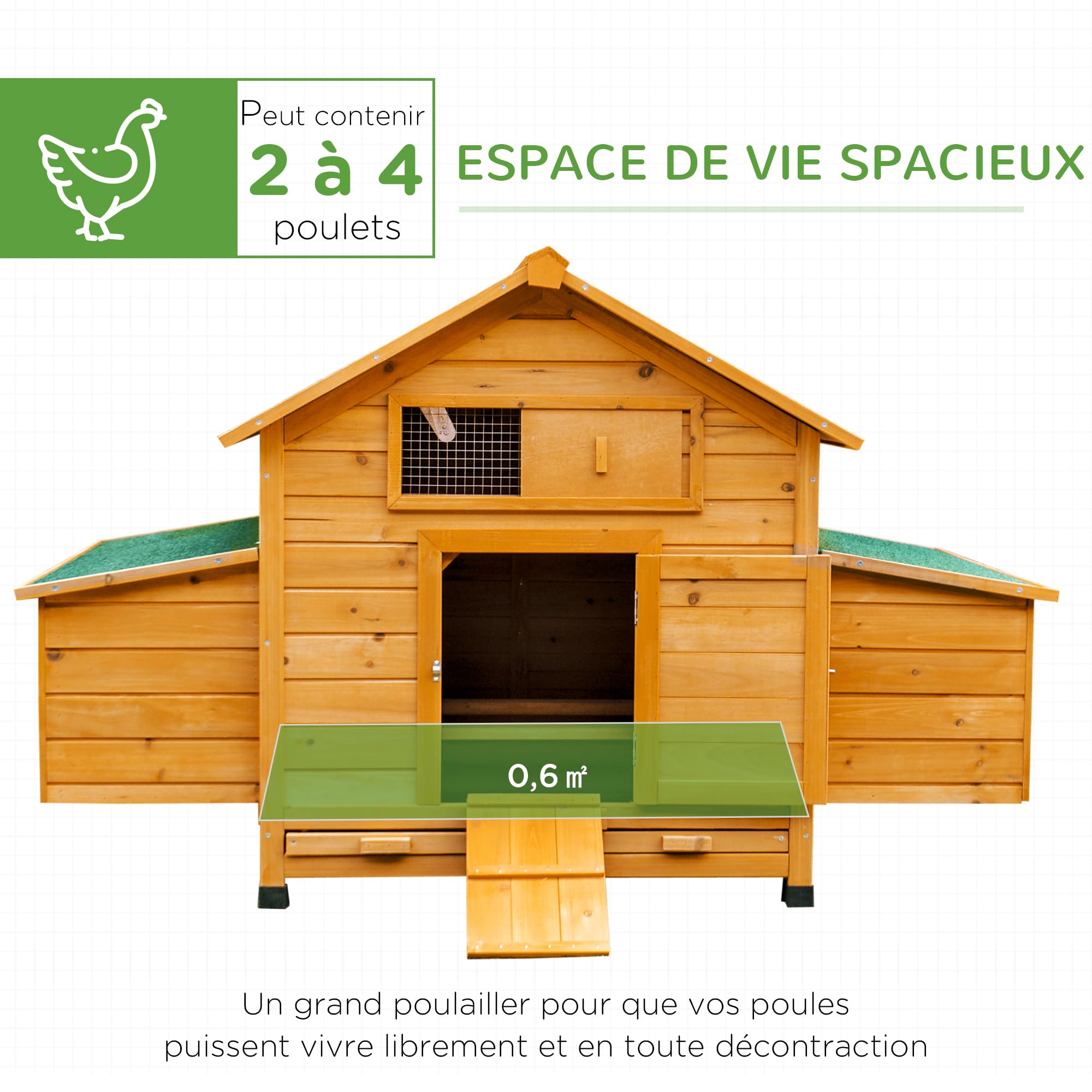 PawHut - Gallinero de madera para 4 gallinas, jaula para gallinas, tejado impermeable y abrasador, cajón extraíble, gallinero exterior para animales pequeños, 150 x 100 x 96,5 cm, color amarillo