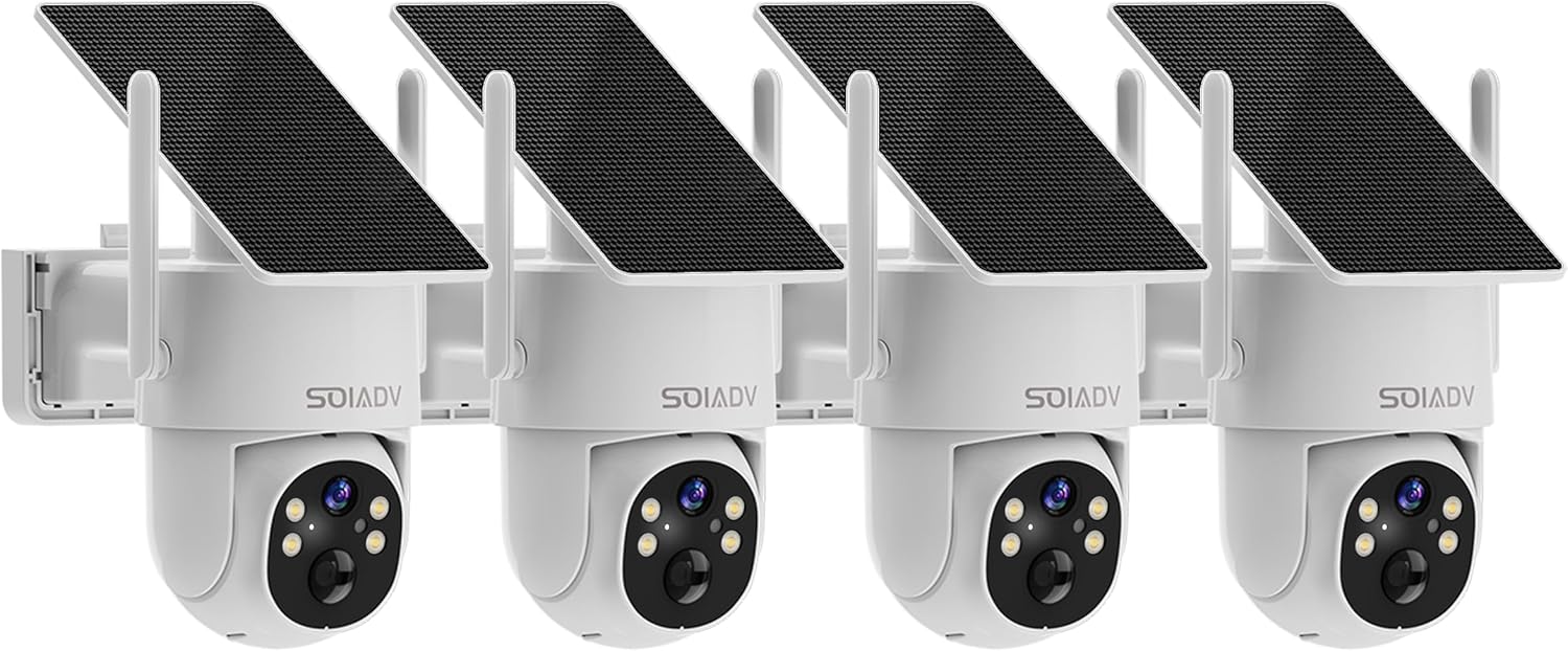 SOIADV 4Pack Solar Security Camera Wireless Outdoor with 360°View, 2K Color Night Vision, PTZ Camera for Home Security, Battery Powered, Two Way Audio, Motion Detection, PIR Alarm, IP65 Weatherproof