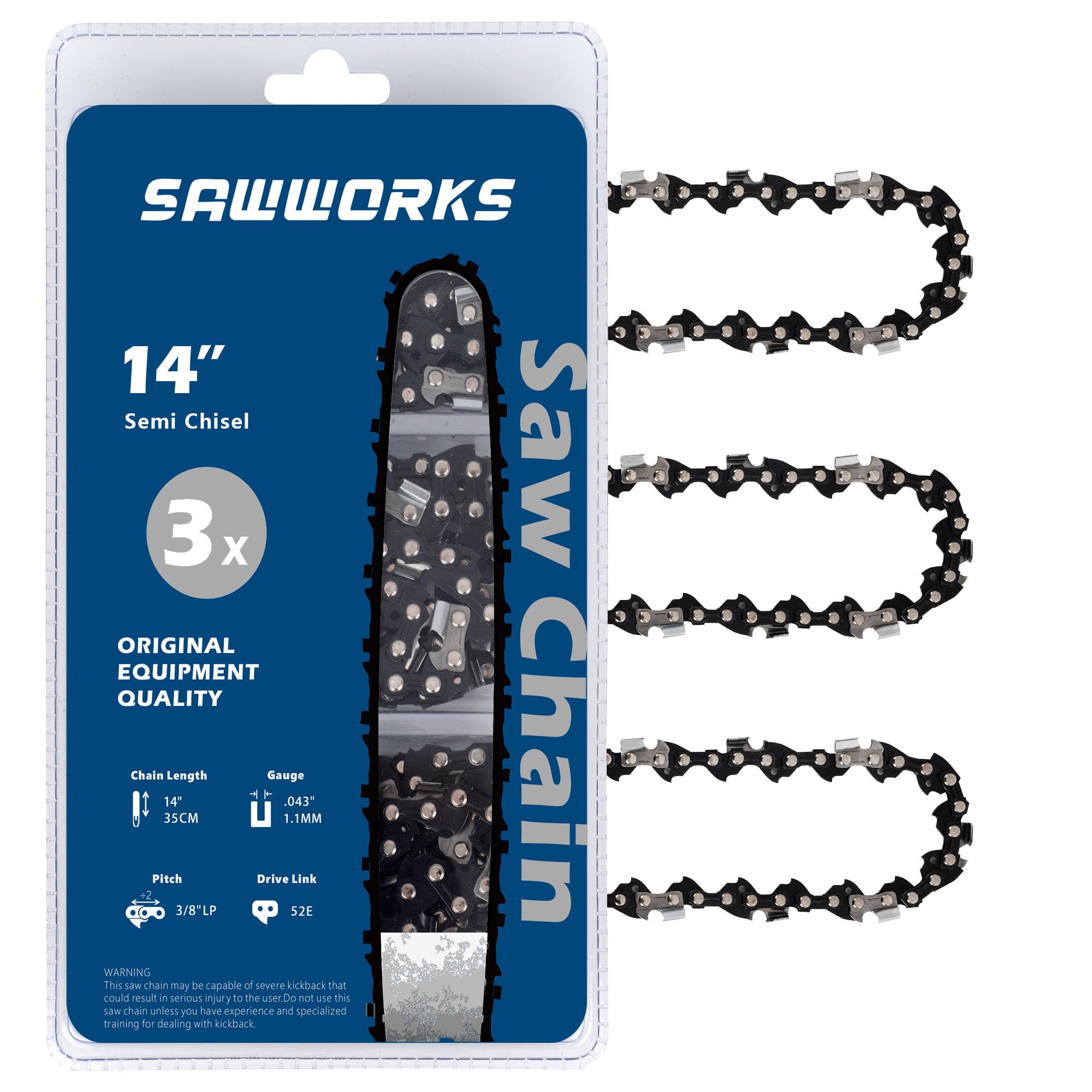 3-Pack 14 Inch Chainsaw Chain,3/8" LP Pitch .043" Gauge 52 Drive Links for 40V Kobalt KCS 4040-06, 1040A-03, 1040B-03, EGO CS1400, CS1401, Makita E-00228, XCU03, XCU04 and More