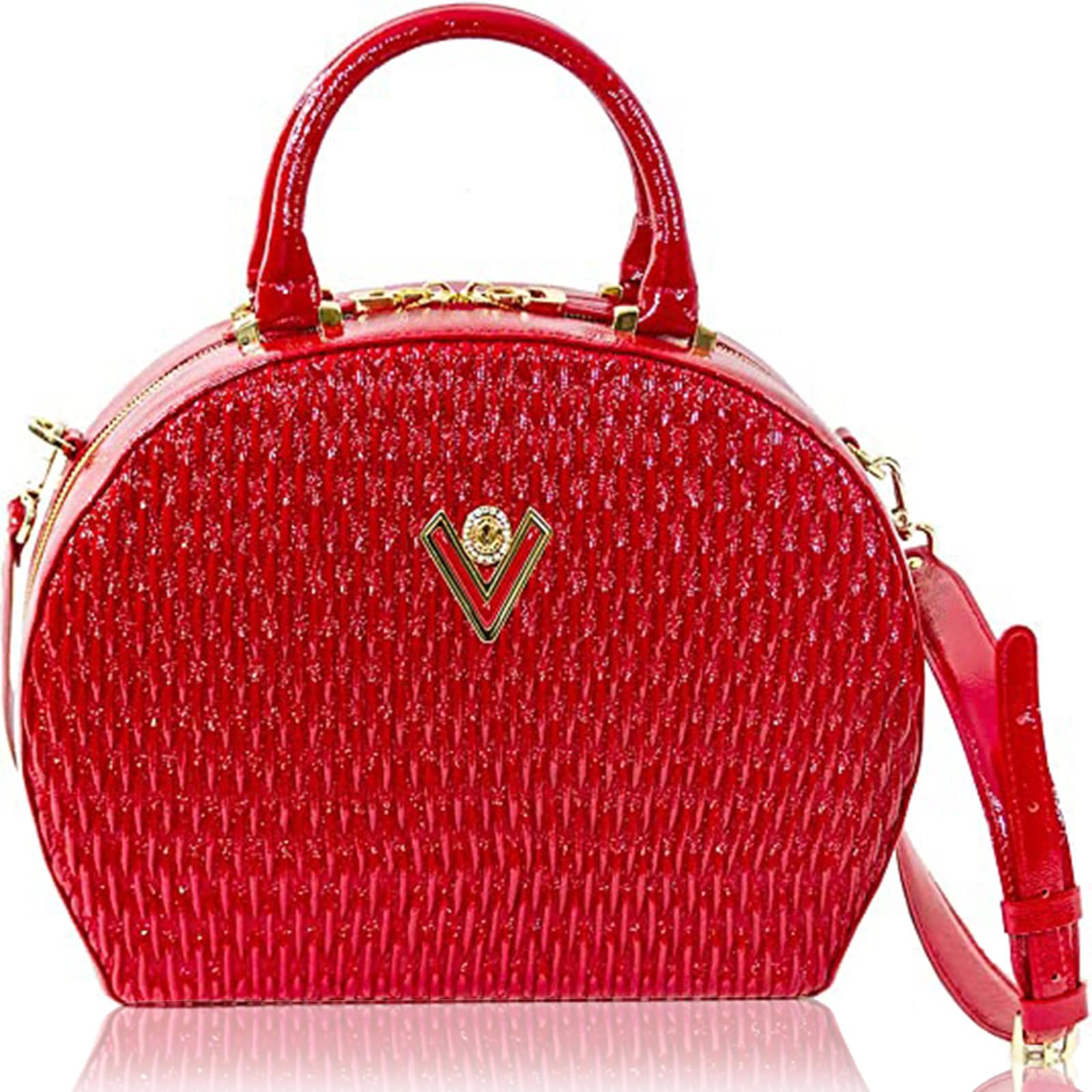 Valentino Orlandi Leather Handbags Purses for Women Passion Red Tote Quilted Round Italian Designer Large Bowling Bag