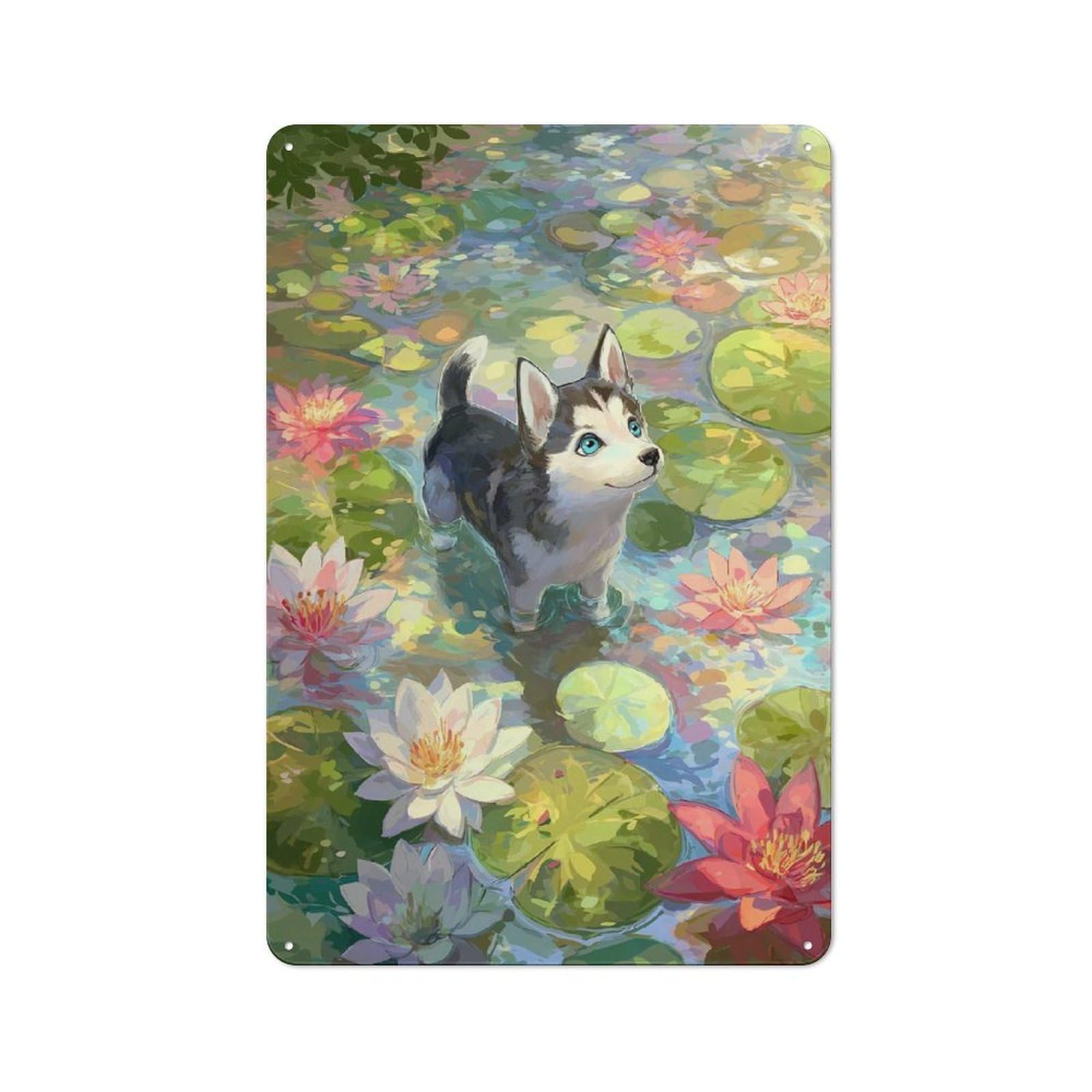Junmoney Husky Puppy In Lily Pond Painting Rustic Tin Sign 30X20cm For Living Room Or Hallway, Suited To Living Room Decor Lovers
