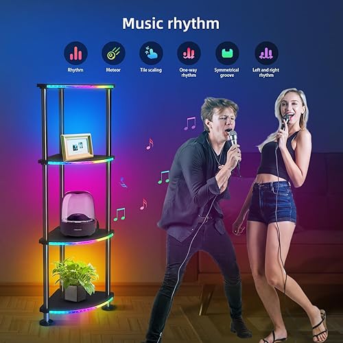Miniatura 5 de Lámpara de pie con estantes de altura ajustable RGB lámpara de pie con sincronización de música LED lámpara de pie de esquina con estación de carga,