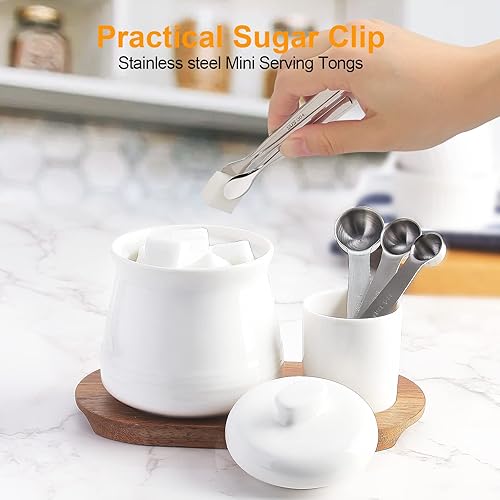 Miniatura 9 de Nucookery Juego de azúcar y crema de cerámica, azucarero con tapa y cucharas medidoras, jarra de crema de 8 onzas, color blanco