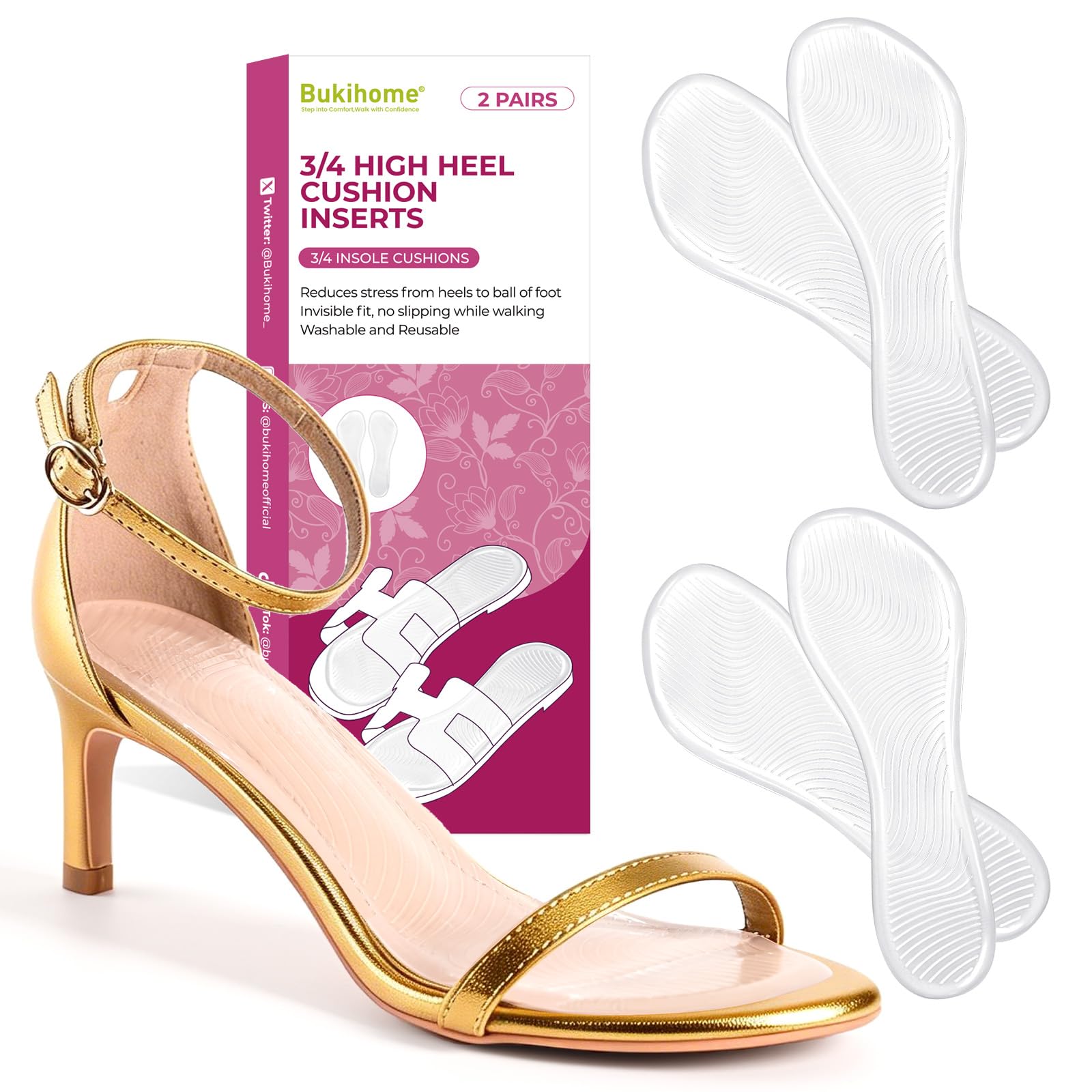 High Heels Cushion Insoles for Women - Bukihome 3/4 Gel Inserts for High-Heeled Shoes, Sandals, Invisible Soft Shoe Pads Prevent Slip, Foot Pain Fatigue Relief, Comfortable Support for Flat Feet (S)