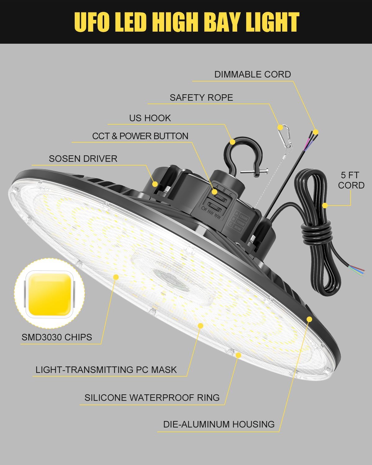 ADUB 3 Pcs LED High Bay Lights 150W 100W 80W Adjustable, UFO High Bay LED Shop Light 3000K 4000K 5000K, 0-10V Dimmable Commercial LED UFO High Bay Lights for Garage Factory Warehouse, UL Listed