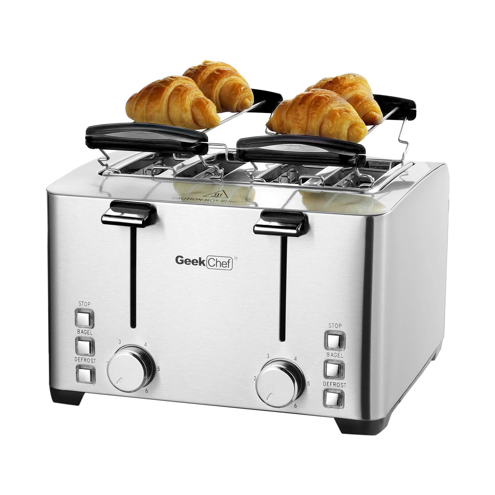 Geek Chef 4 Slice Toaster, Stainless Steel Bread Bagel Toaster with Warming Rack, 6 Shade Settings, 