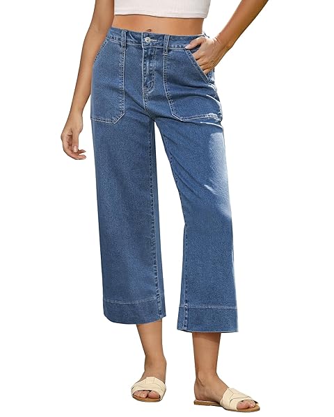 GRAPENT Capri Jeans for Women High Waisted Wide Leg Trendy Strechy Loose Straight Cropped Denim Jeans Pants with Pockets