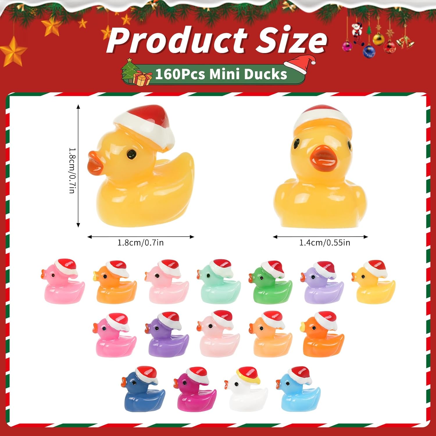 BeadRiver 160 PCS Tiny Christmas Ducks 16 Colors Little Mini Resin Ducks Christmas Hat Miniature Ornaments for Slime Dollhouse Fairy Garden Decoration