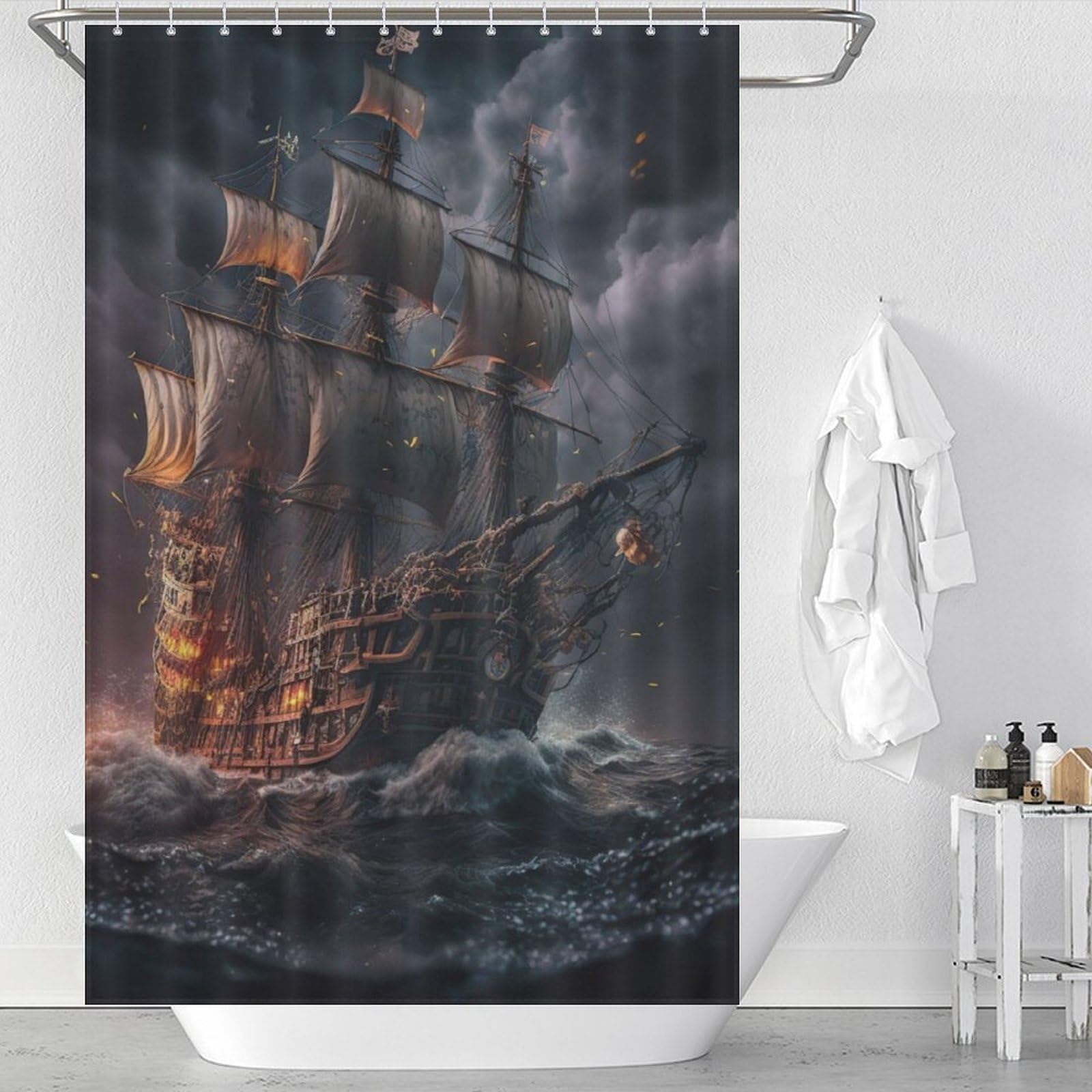Rideau de douche navire pirate en tissu lavable 122x183cm