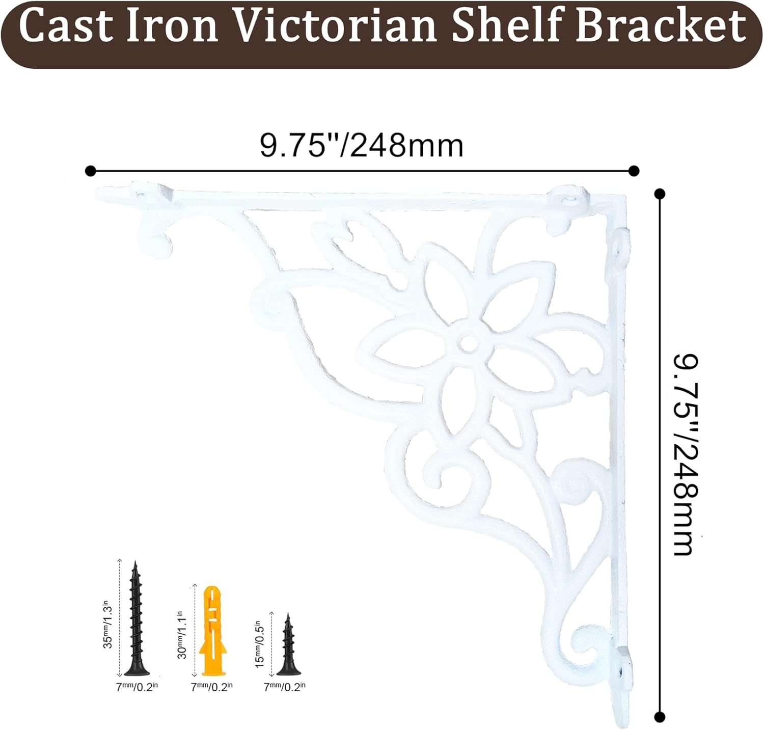 Z Metnal Cast Iron Heavy Duty Shelves Bracket, 9.75 inch Decorative Shelf Brackets, 90° Right Angle Wall Hanging, Vintage Style, Sturdy Countertop Brackets, Mantel Brackets, White, 2 Pcs