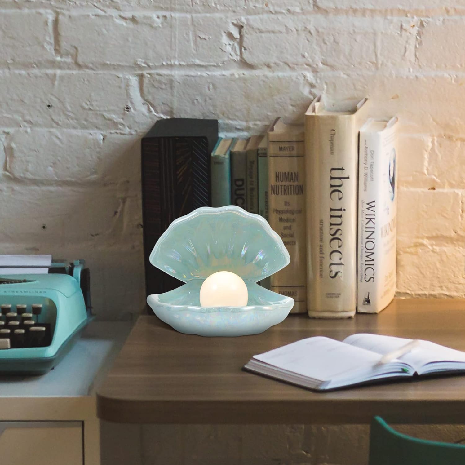 NUOBESTY Shell Lamp Ornament with Pearl Ceramic Night Light for Bedroom Bedside Table Decorative Home Light Decor 5.31X5.51X6.49In Cozy Atmosphere