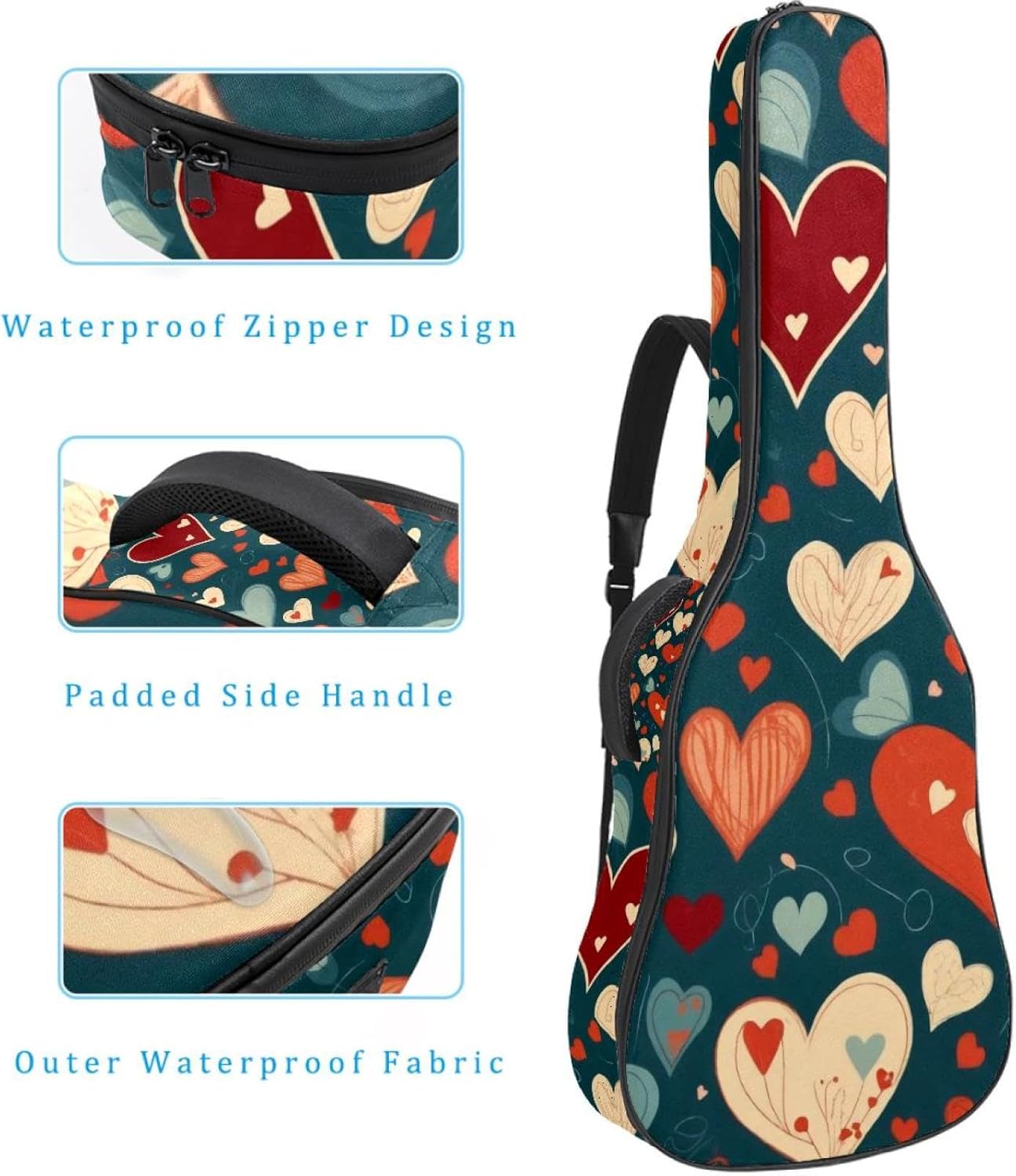 Acoustic Guitar Bag 0.4 Inch Thick Padding Waterproof Guitar Case Gig Bag for 40 41 42 Inch Electric Bass Classical Guitar, Cute Hearts Pattern