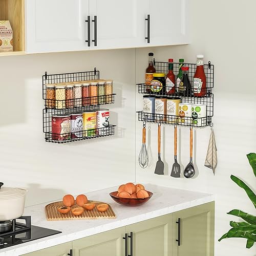 Miniatura 4 de X-cosrack Organizador de especias plegable grande mejorado de 4 niveles montado en la pared, almacenamiento apilable con 5 ganchos, capacidad para