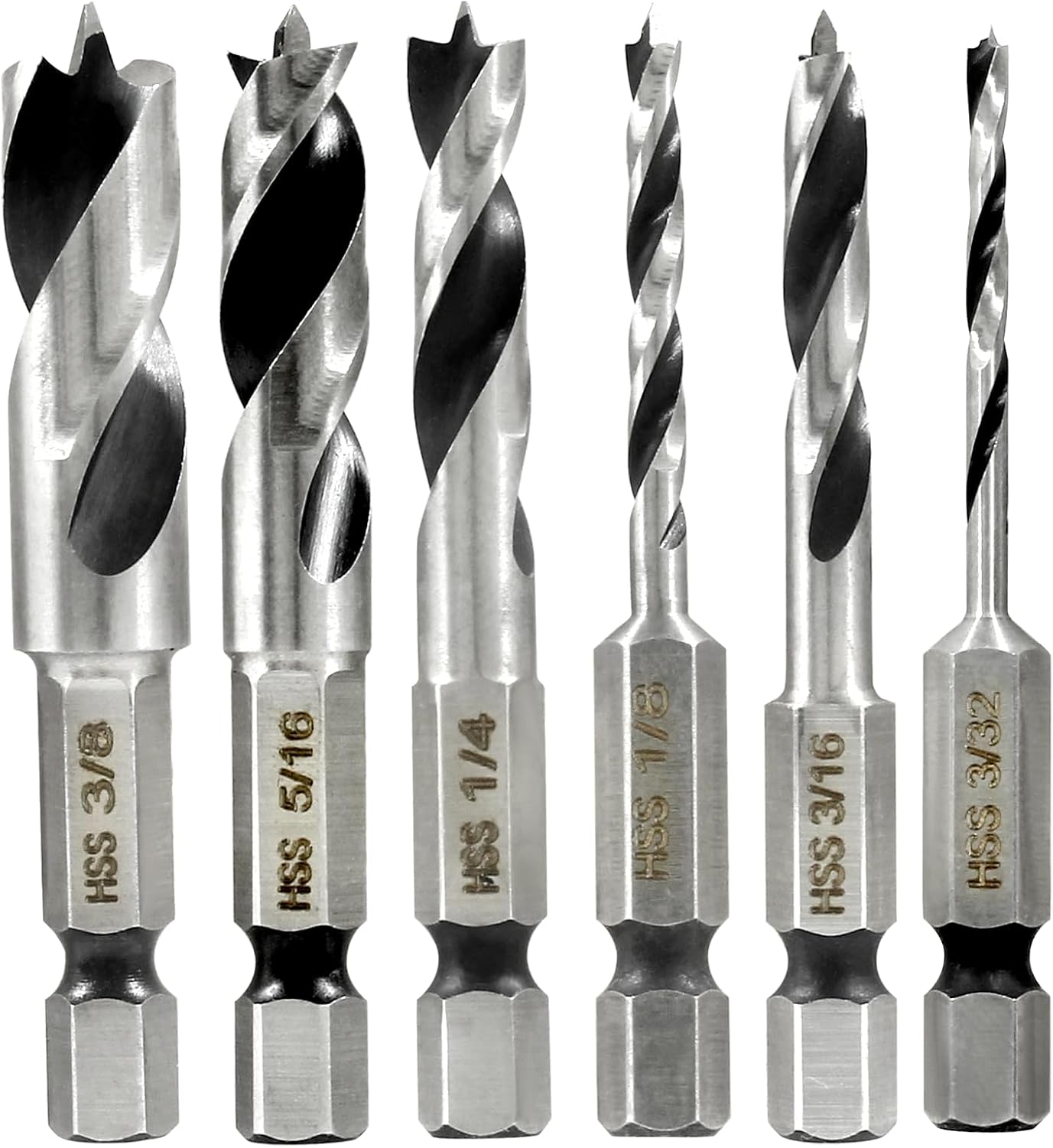 Hitefu 6PCS Brad Point Drill Bits for Woodworking, HSS 4241 Steel 1/4-Inch Hex Shank Stubby Drill Bit Set, Spiral Twist Bit for Hardwood Aluminum Plastic Material