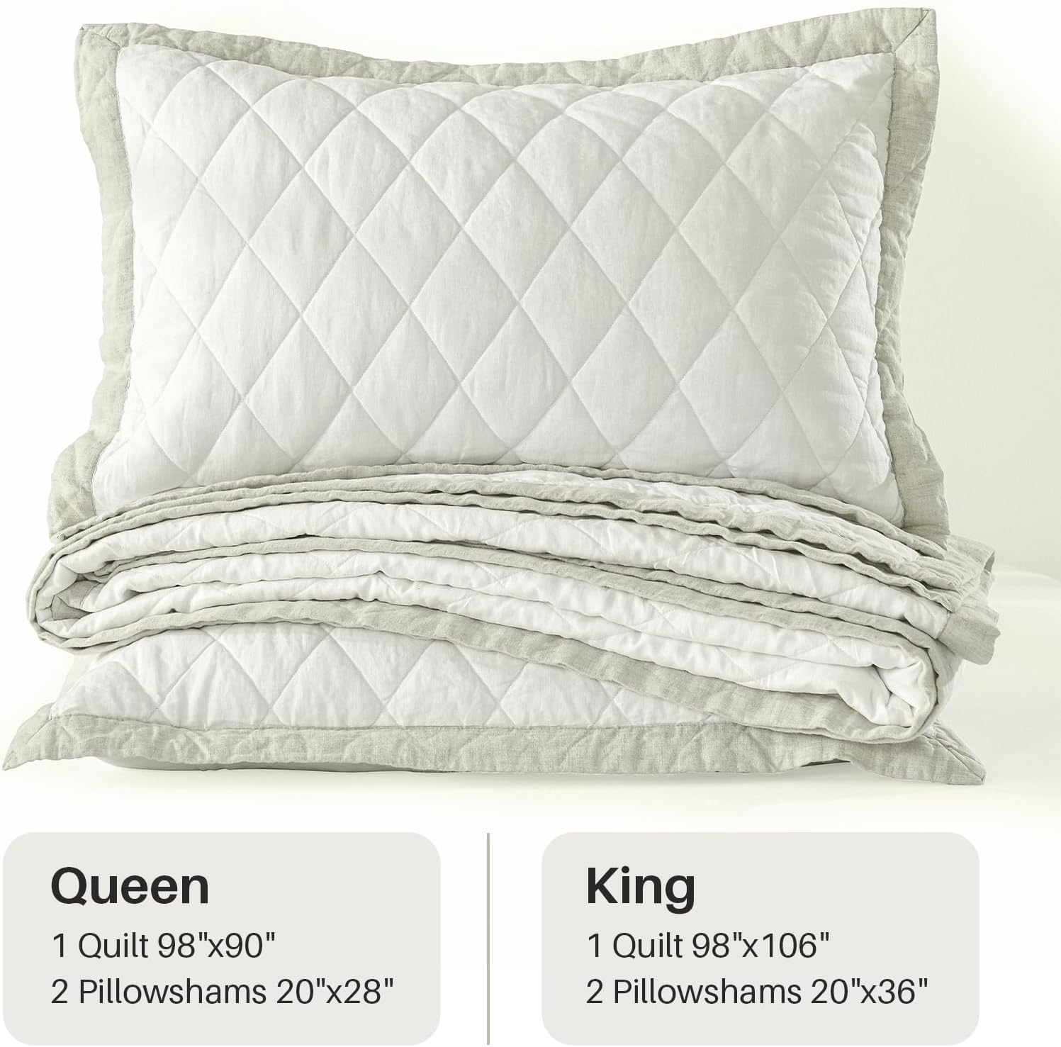 King Linen Quilt, Diamond Quilted Soft Bedding Set, 3 Piece Flax Linen Bedspread Coverlet, Cotton Fill Lightweight Comforter for All Seasons with 2 Matching Shams
