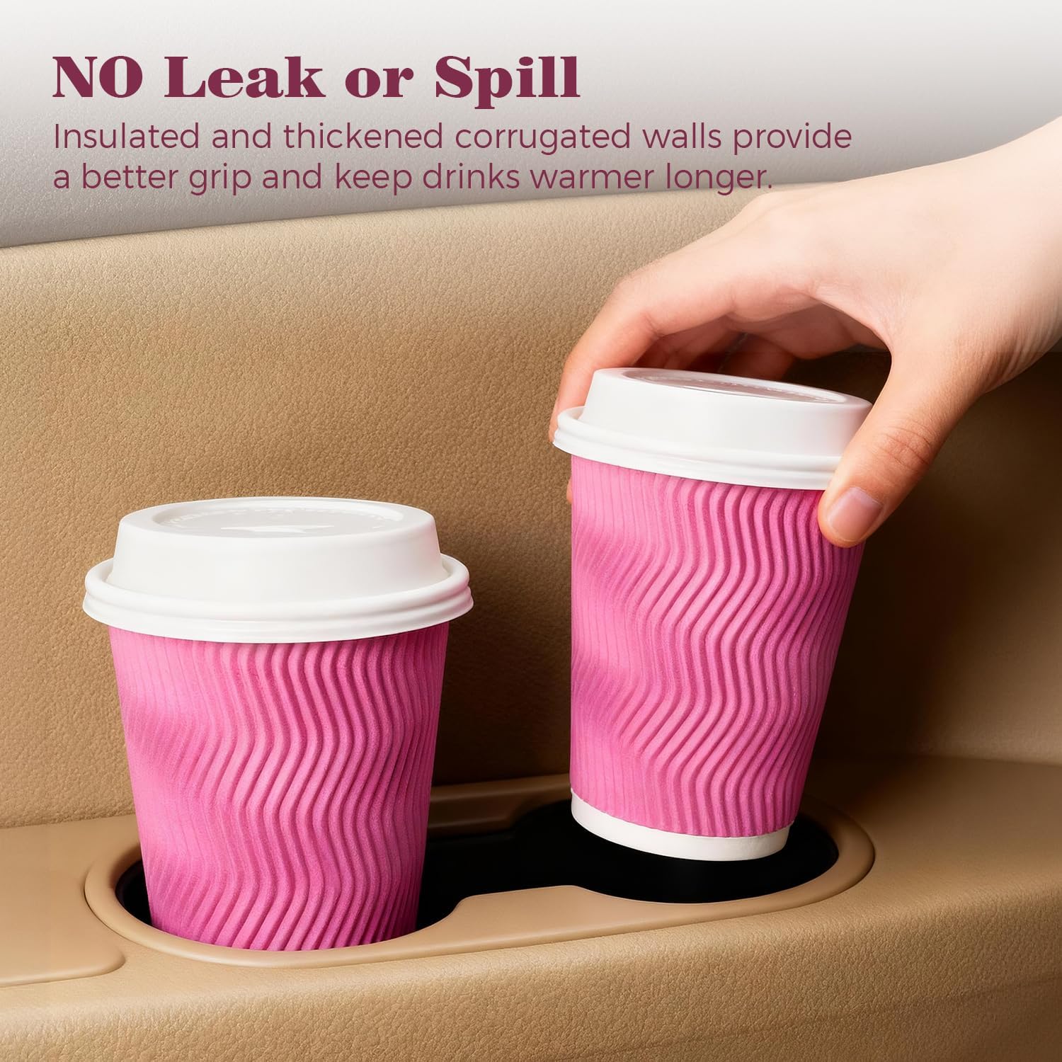 Charmount 100 Pack 12 oz Pink Disposable Insulated Coffee Cups with Lids - Ripple Wall Hot Paper To-Go Cups for Coffee, Tea, Cocoa, and Drinks - For Valentines Day - Image 5