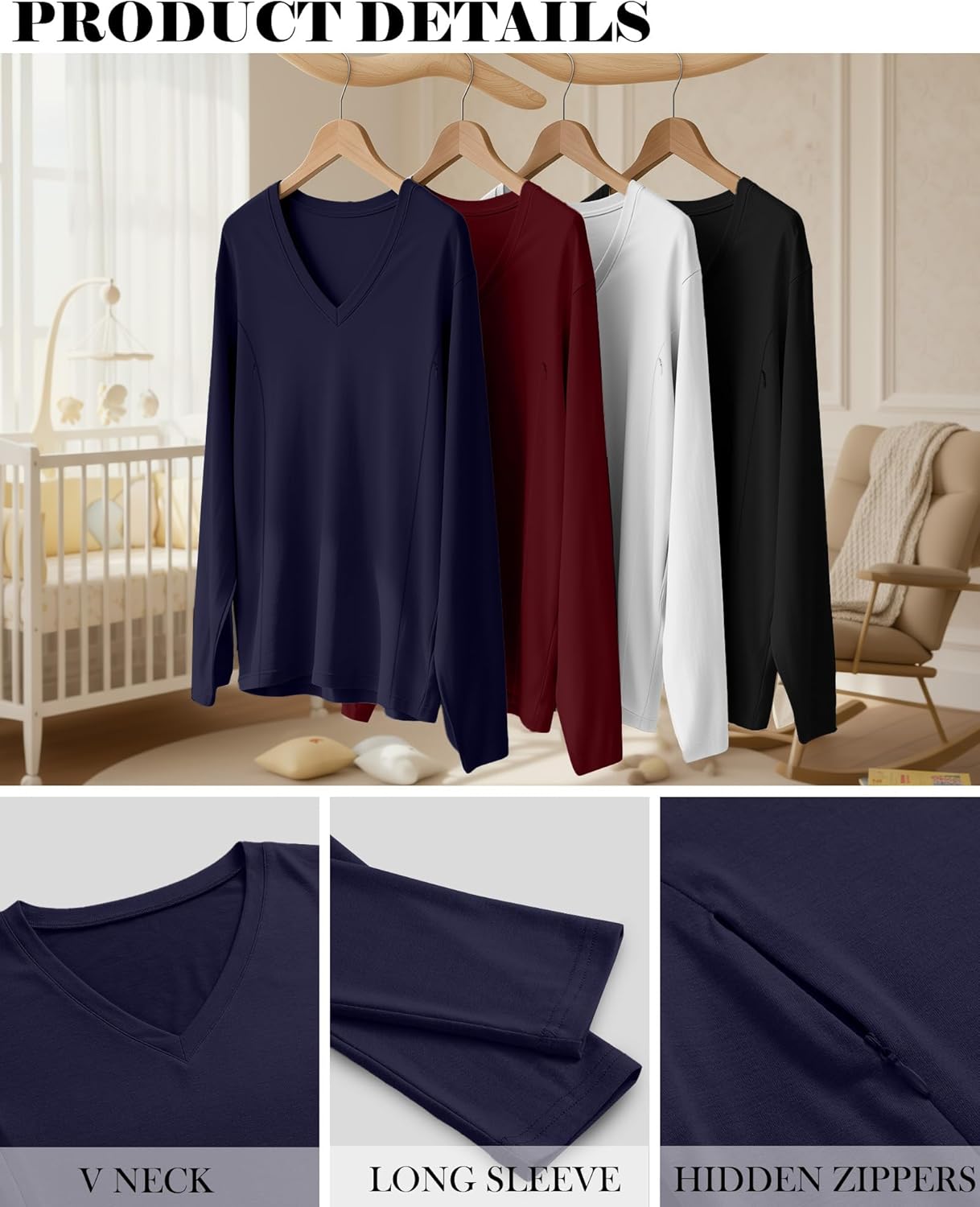 4 Pack Women's Long Sleeve Nursing Shirts with Hidden Zipper V Neck Breastfeeding Clothes Maternity Loose Fit Tops