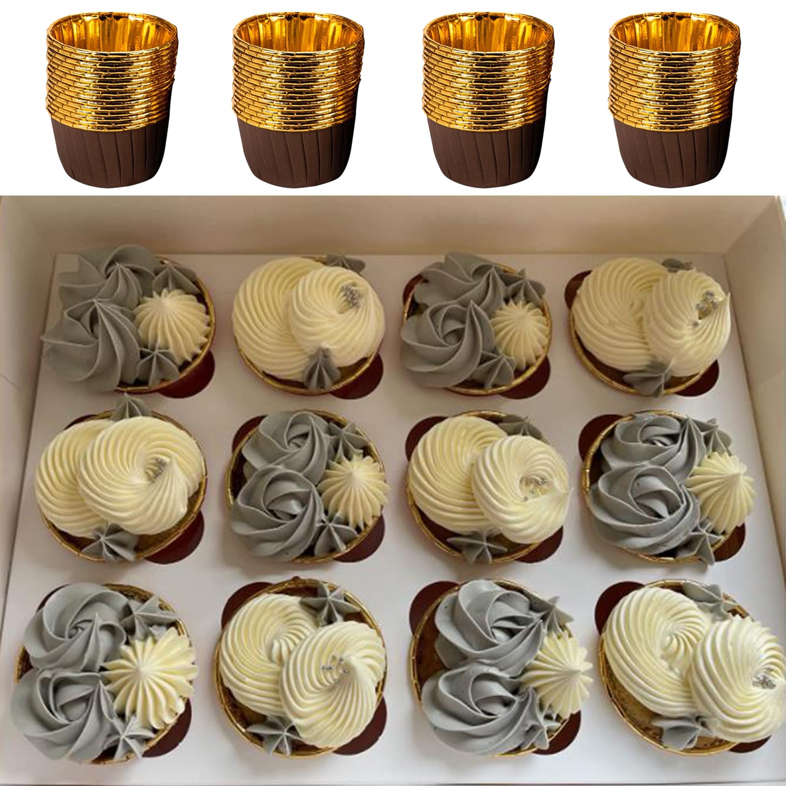 100 Pezzi Pirottini per Muffin, 49mm x 45mm Pirottini per Cupcake, Pirottini da Forno, Durevole, per Matrimoni, Feste di Compleanno, Anniversari, Fidanzamenti, Natale e Altri Eventi (D'oro