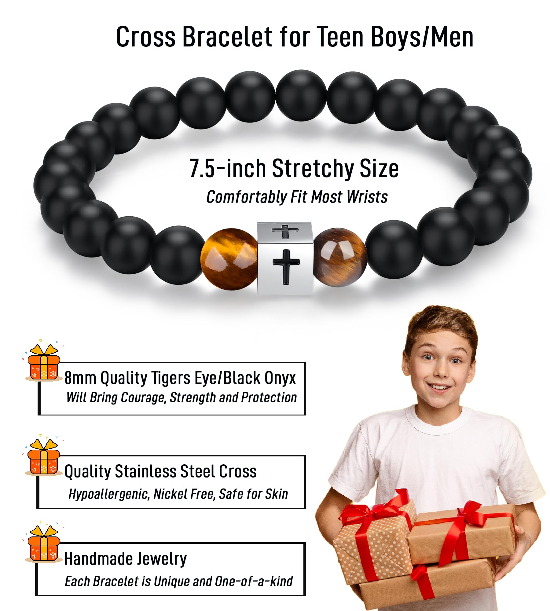 AryaHozel Beaded Cross Bracelet for Men & Boys - First Communion/Confirmation Gifts for Boys, Mens Gifts for Birthday, Graduation, Father's Day, Christmas, Valentine's Day, Easter...