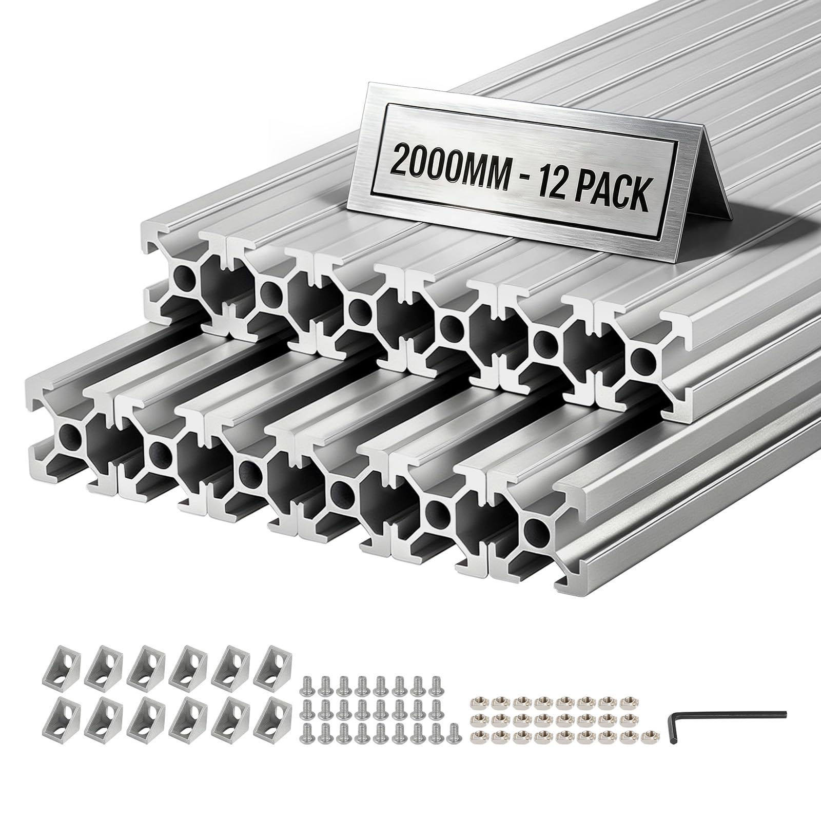 VEVOR 2020 Aluminium Profile 12 Stk. 2 m, Eloxierte T-Nut-Aluprofile nach EU-Standard, Hochfeste Strangpressprofile, Aluminiumschiene für 3D-Druckerteile, CNC-DIY-Werkbänke und Montage, Silber