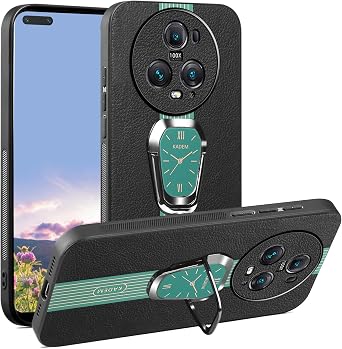 Phone Case for Honor Magic 5 Pro Black Leather Silicone Cover with Metal Ring Stand, Slim Soft Magnetic Shockproof Protective Cover for Women Men, Classy Luxury Green