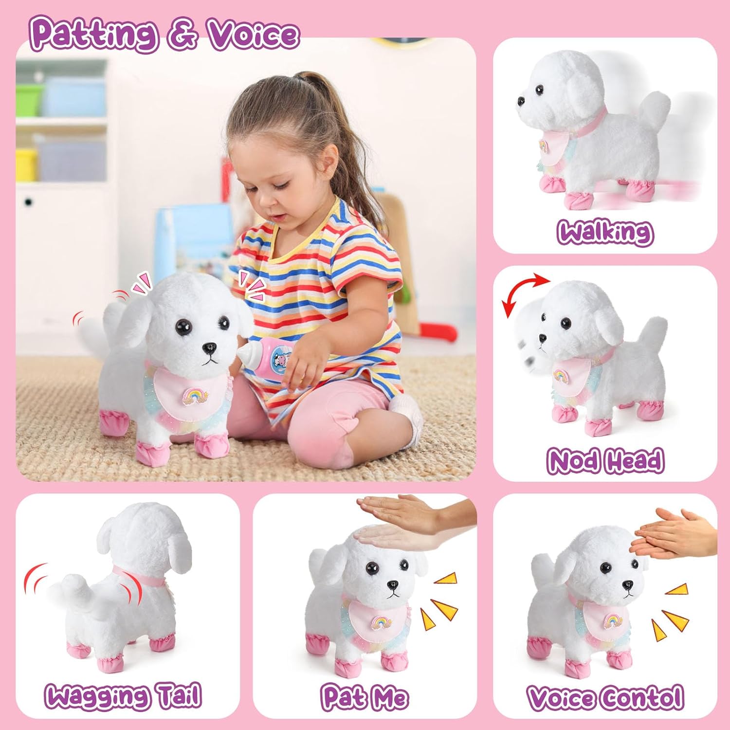 Golray Remote Control Toy Dog with Leash for Kids Girls, Electronic Interactive Plush Puppy Can Walk Bark, Stuffed Animal Dog Pet Care Pretend Play Set Gifts for Girl Kid Toddler 3 4 5 6 7 8 Years Old