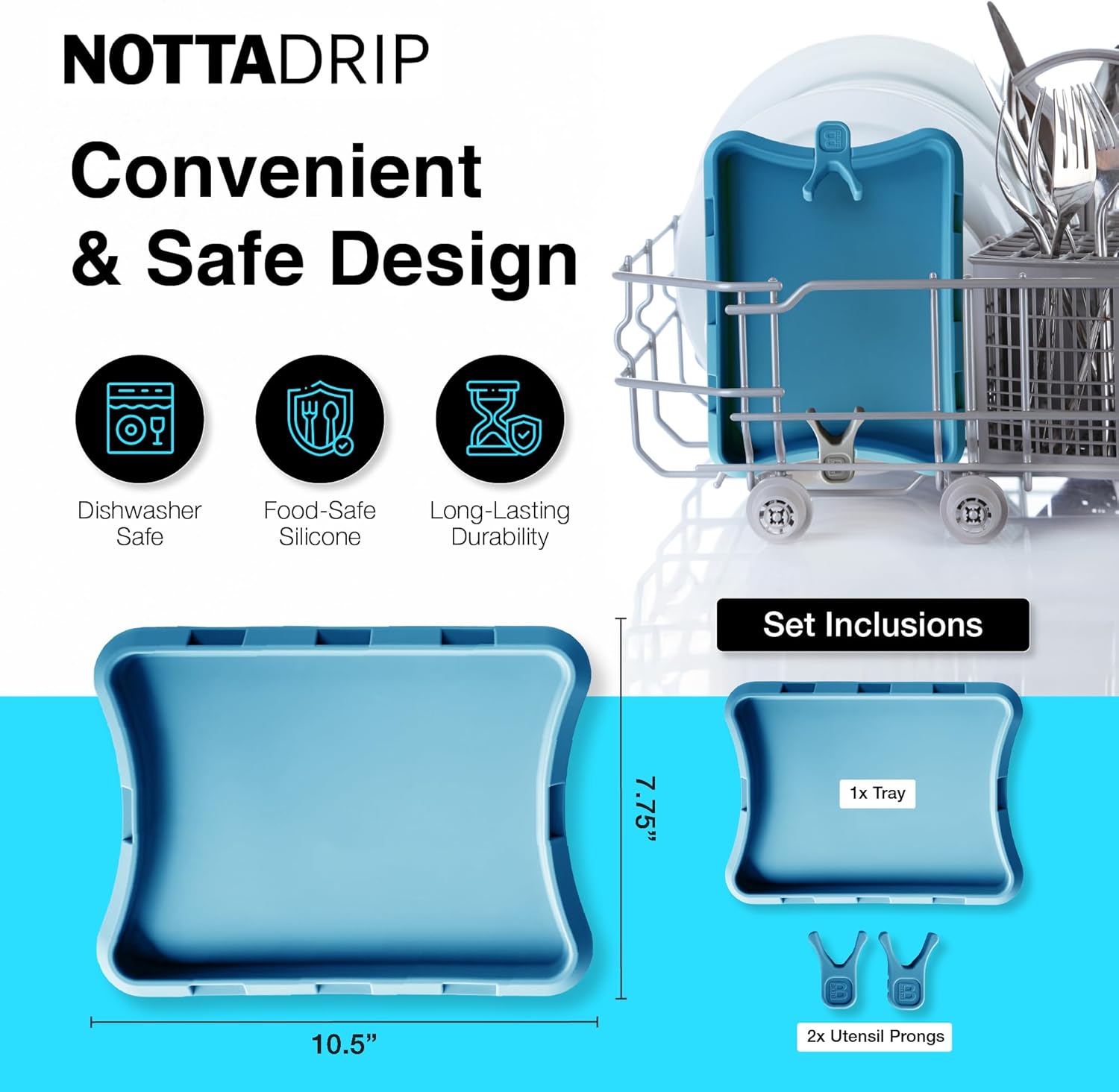 Nottadrip Silicone Spoon Rest for Stove Top - Kitchen Spoon Rest for Countertop, Ladle Holder, All in 1 Serving Station, Elevate Handles, Drip to Tray, Mess Free - 3PC Set No Trivet - Blue