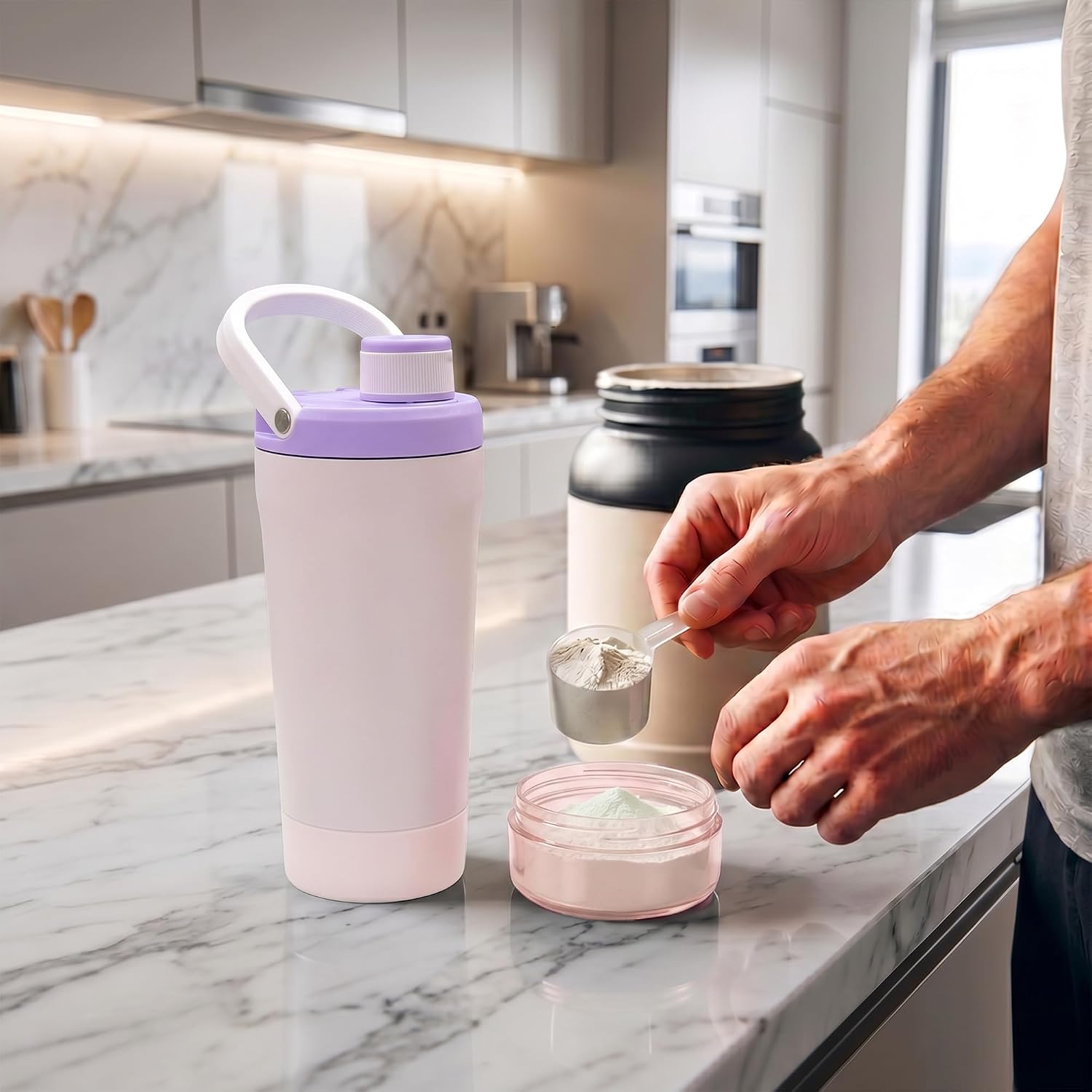 Fijinhom 24 oz Insulated Shaker Bottle with Portable Powder Container. | Leak-Proof Protein Shaker Bottle, 304 Stainless Steel Insulated Water Bottle with Removable Mixer, Measurement Marks, Pink