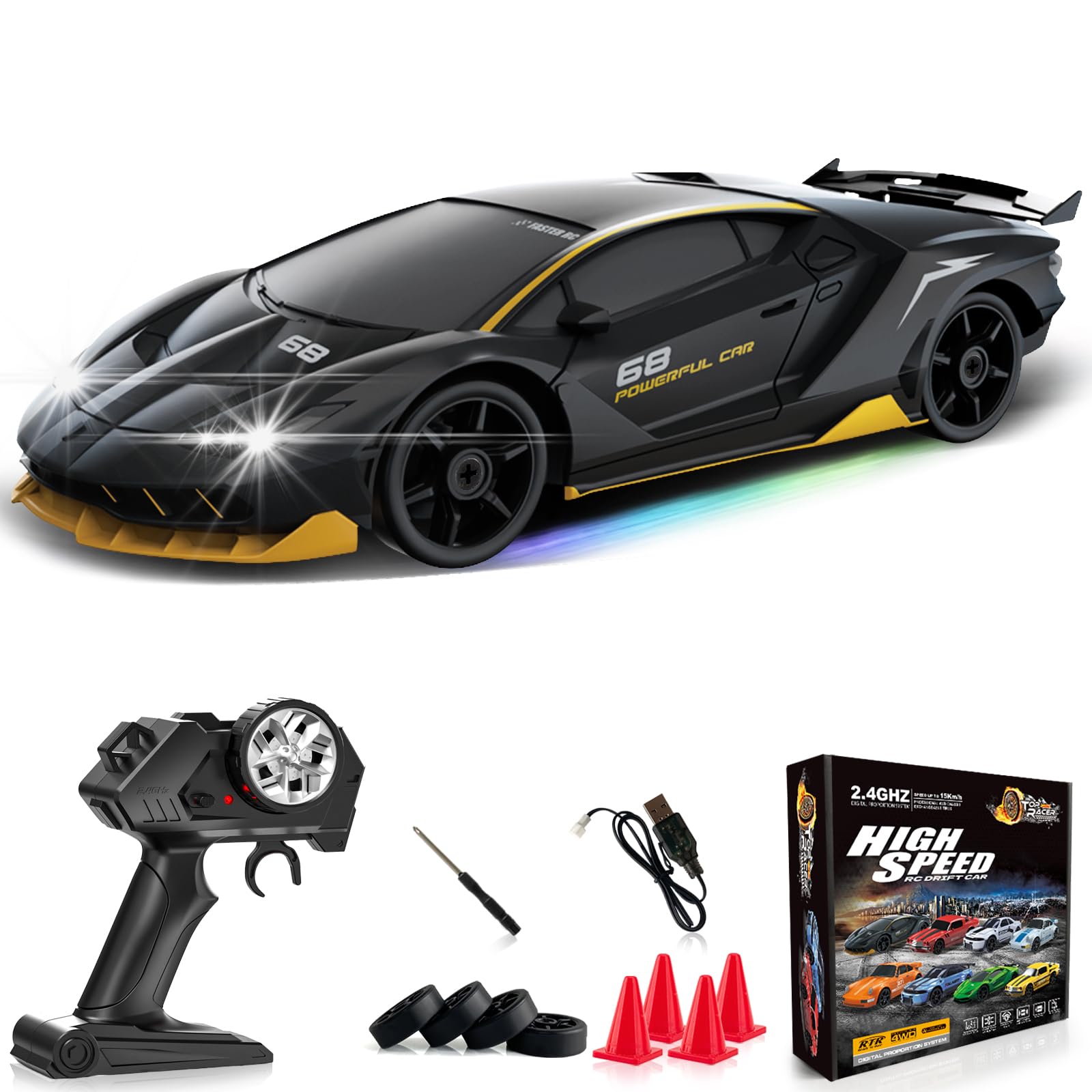 Remote Control Car RC Drift Car 2.4GHz 1:24 4WD 15KM/H High Speed Racing Sport Car with LED Lights Drifting Tire Racing Sport Toy for Adults Boys Girls Kids Gift