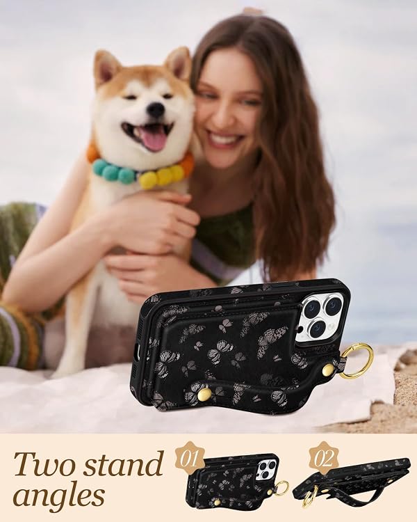 Petitian for iPhone 15 Pro Max Case with Wallet - Women Girls Cute Girly Aesthetic Unique Design with Leather Credit Card Holder Cardholder Stand Wristband for Apple 15 Promax, Black Butterfly by Petitian - Used condition - Image 5