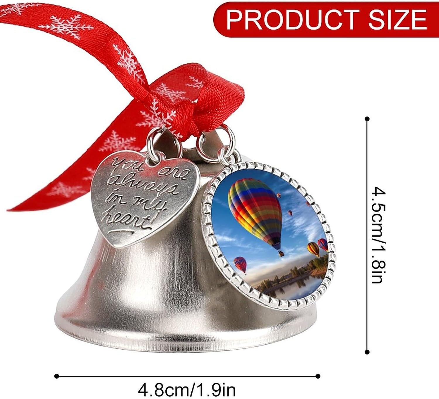 Christmas Bell,Christmas Tree Decorations with Heart Charms,Hot Air Balloonprinted Jingle Bell Hanging Ornament for Christmas Holiday Decoration