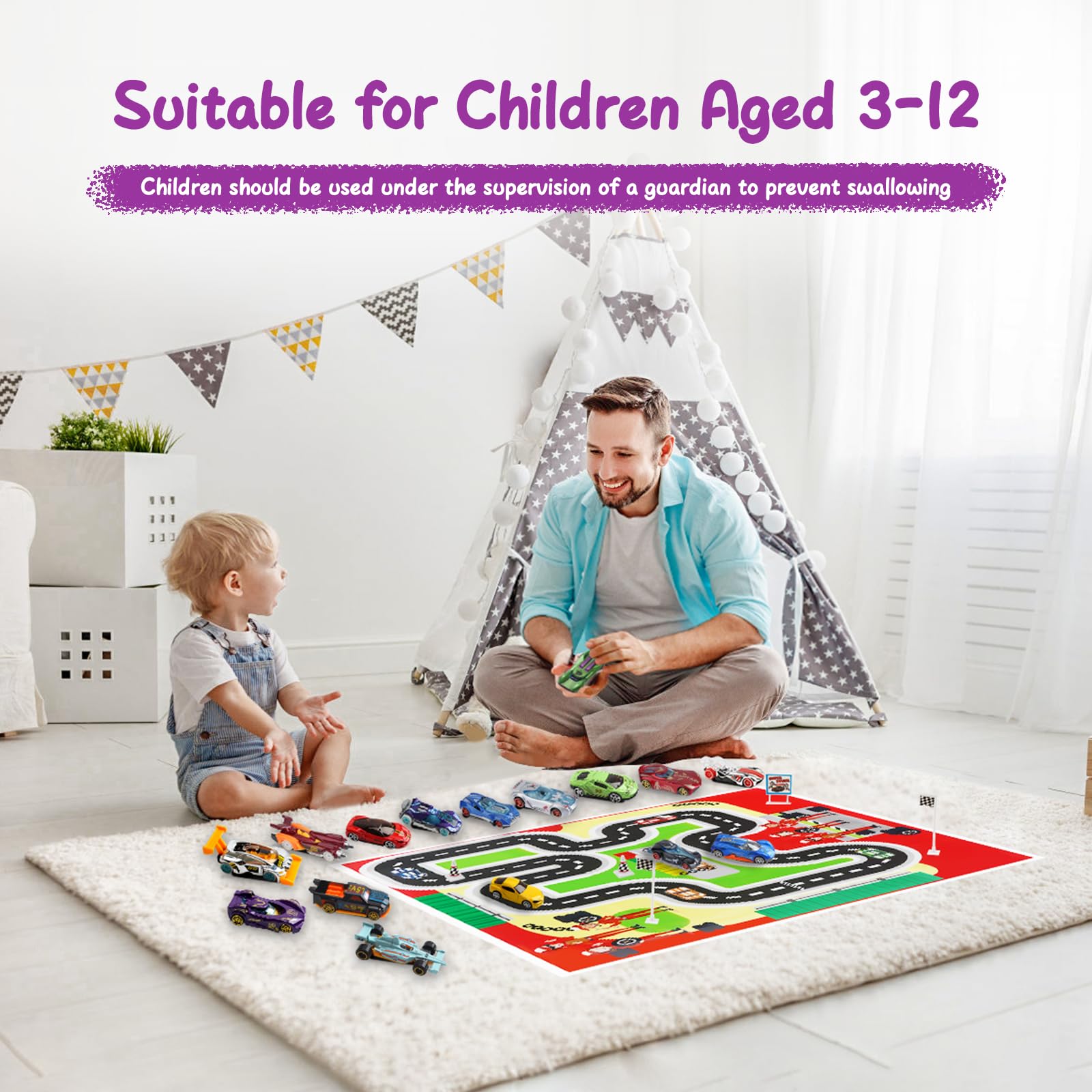 Calendario Avvento 2025, Calendario dell'Avvento per Bambini 3-12 Anni, Calendario per il Conto alla Rovescia di 24 Giorni Natale Regalo con 16 Macchinine, Mappa e 6 Personaggi dei Cartoni Animati