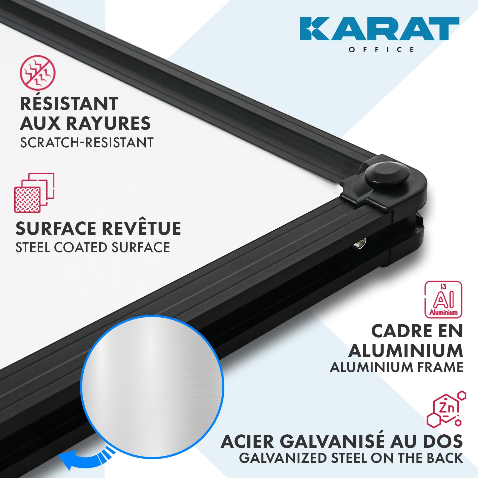 KARAT Tableau Blanc effaçable Onyx - Panneaux Magnétique avec Cadre Noir en Aluminium - Ardoise velleda laqué 80x110 cm - Tableau aimanté Mural résistant aux Rayures - Inclus matériel de Montage