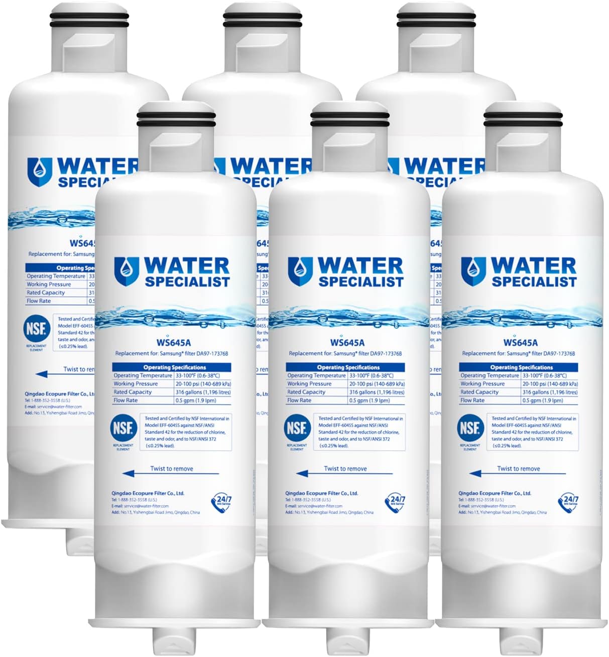 Waterspecialist DA97-17376B Replacement for Samsung HAF-QIN/EXP, HAF-QIN, DA97-08006C, RF28R7351SG, RF23M8070SR, RF23M8070SG, RF23M8090SG, RF28R7201SR, WS645A, Refrigerator Water Filter (Pack of 6)