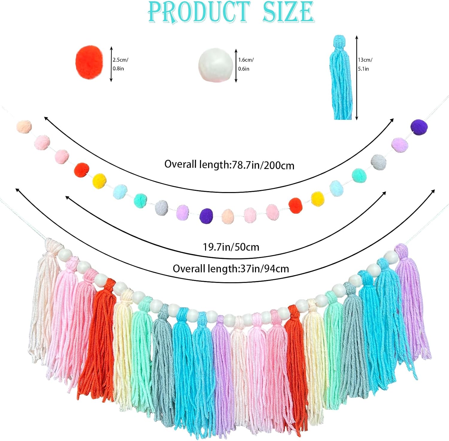 2 Pcs Boho Tassel Garland Composed of 20 Felt Balls, Approximately 6.5 feet Long Pastel Party Decorations for Birthday Party Dorm Office Kids Nursery Classroom Bedroom Baby Shower Decorations