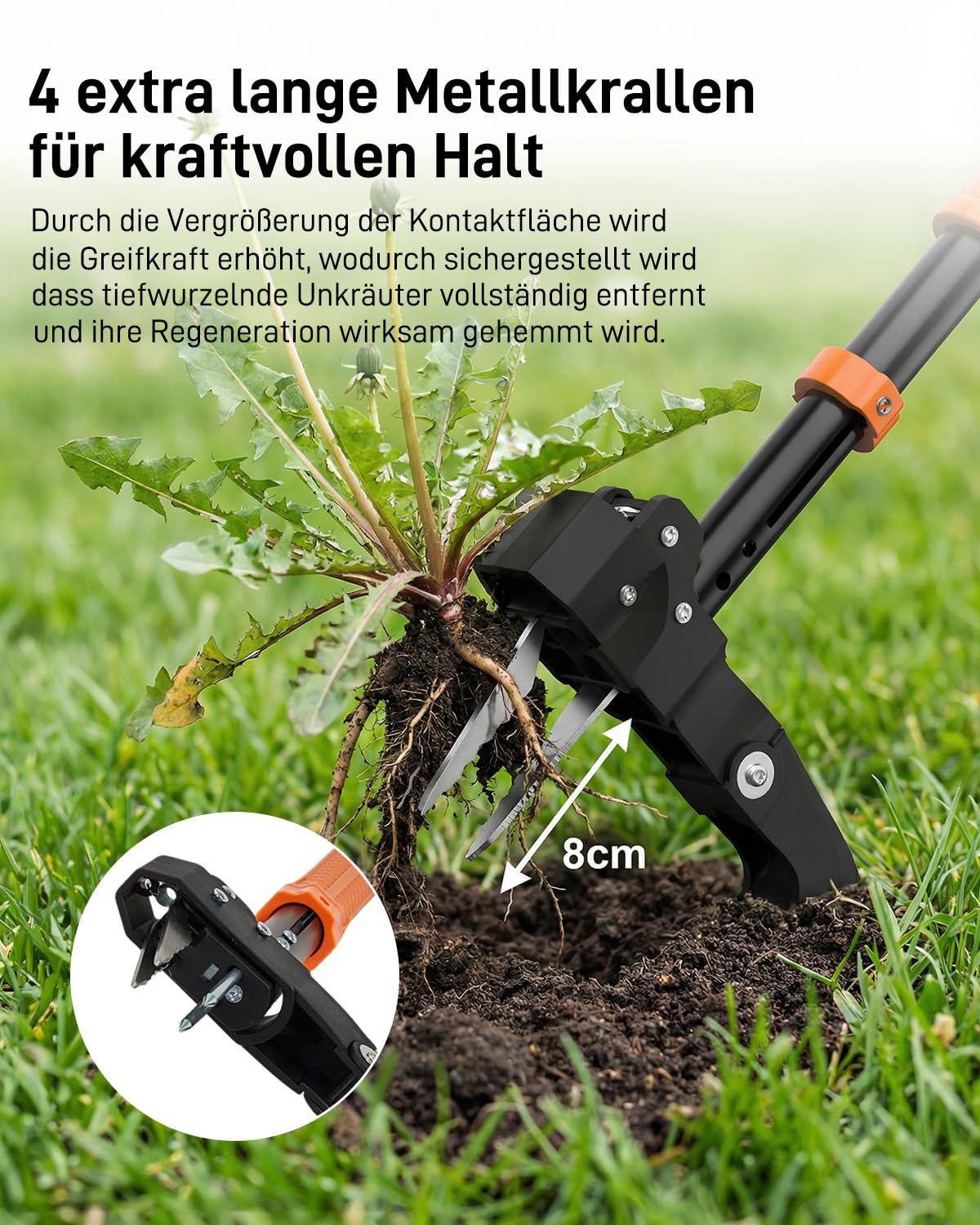 HAUSPROFI Teleskop-Unkrautstecher mit langem Stiel (91-118cm), 50L Gartensack, Unkrautentferner mit 4 Edelstahlkrallen für effizientes Entfernen von Unkraut, Automatischer Rücksprungmechanismus