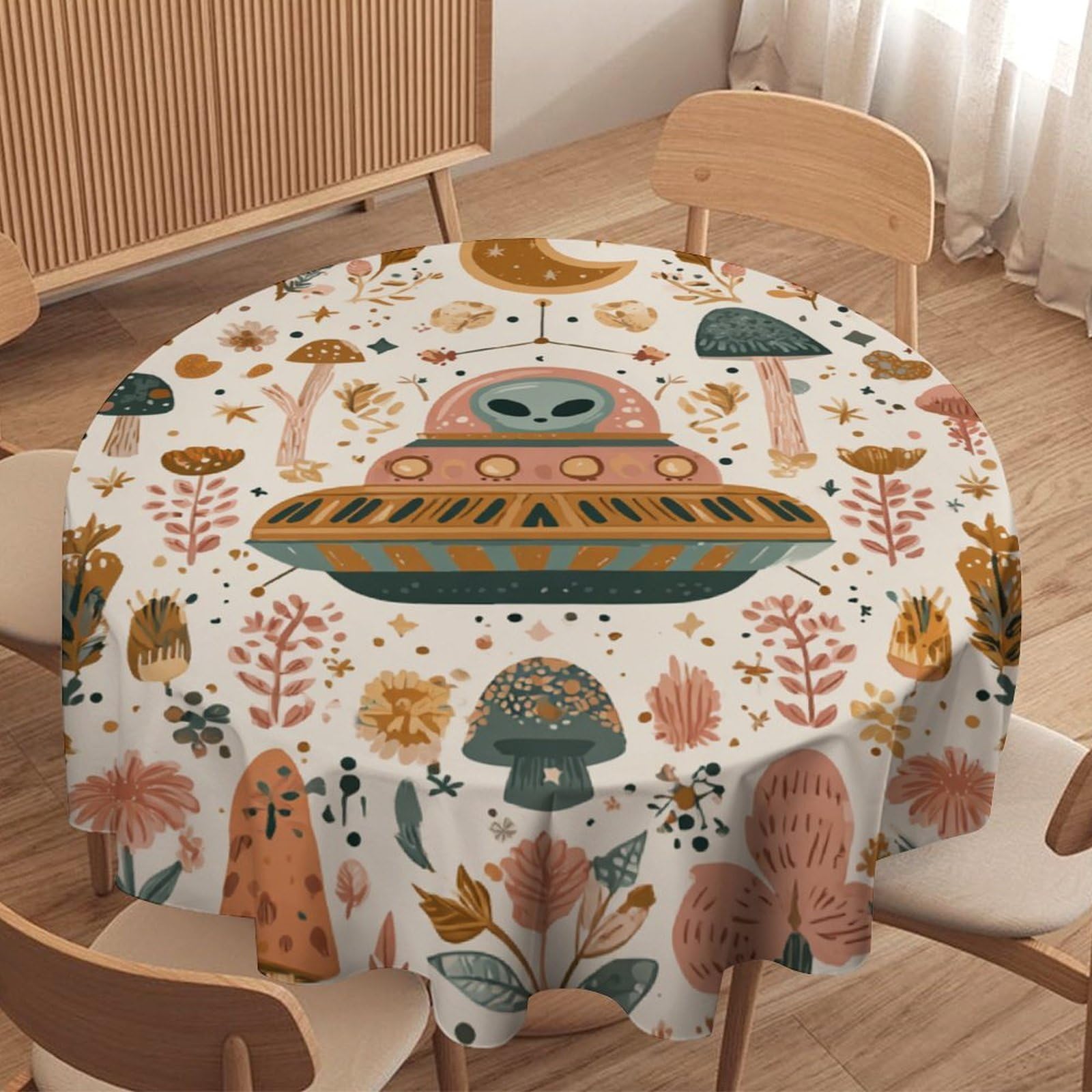 LUYYSKY Cute Abstract Alien Spaceship Round Tablecloth Funny Watercolor Moon Botanical Plants Mushroom Floral Washable Decor for Table Cover for Kitchen-177.8" Wx177.8 L cm