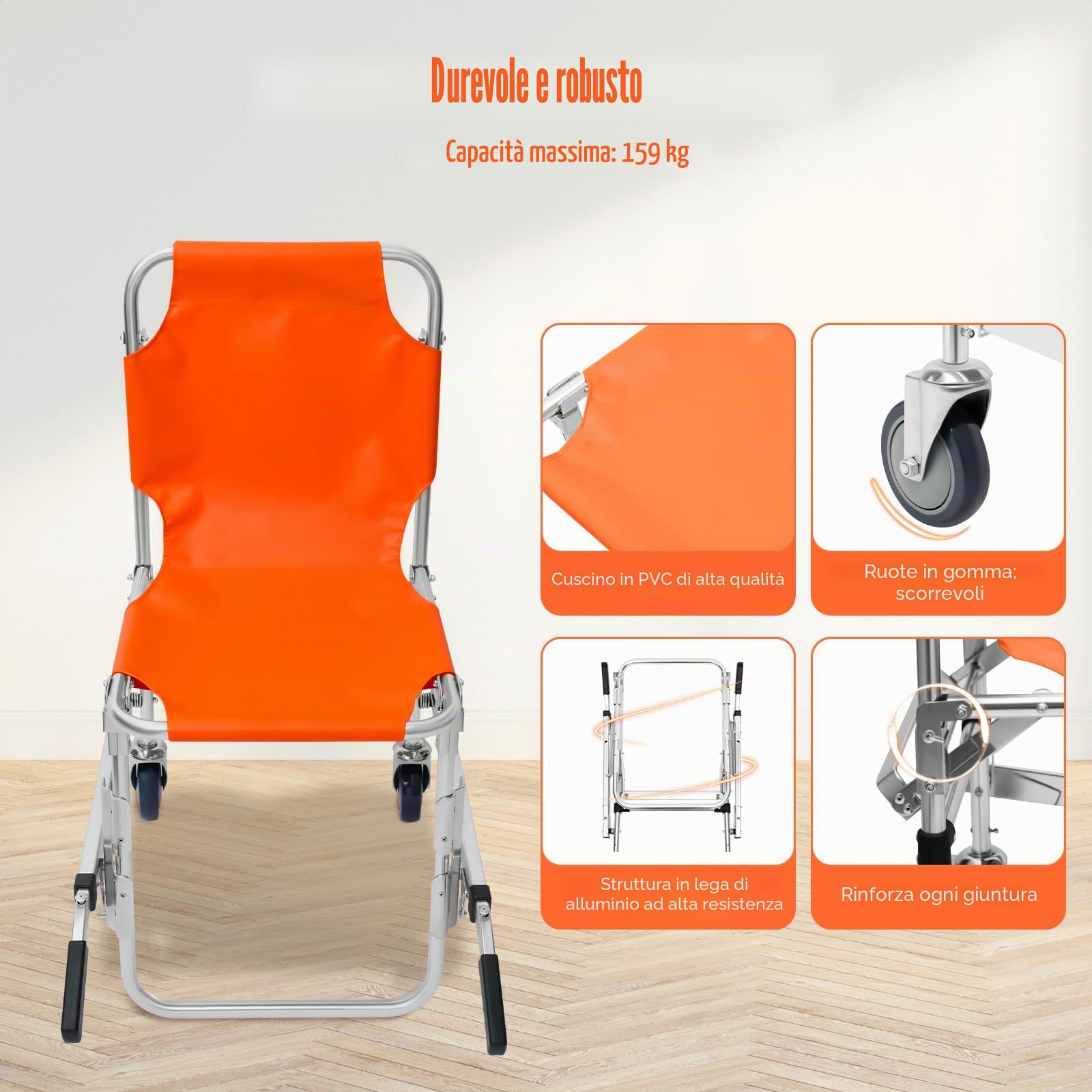 Sedia per scale, 159 kg, design salvaspazio, portatile, pieghevole, in PVC, arancione, con rinforzo in tubo a U e ruota in gomma, per ospedali, centri di emergenza, vigili del fuoco