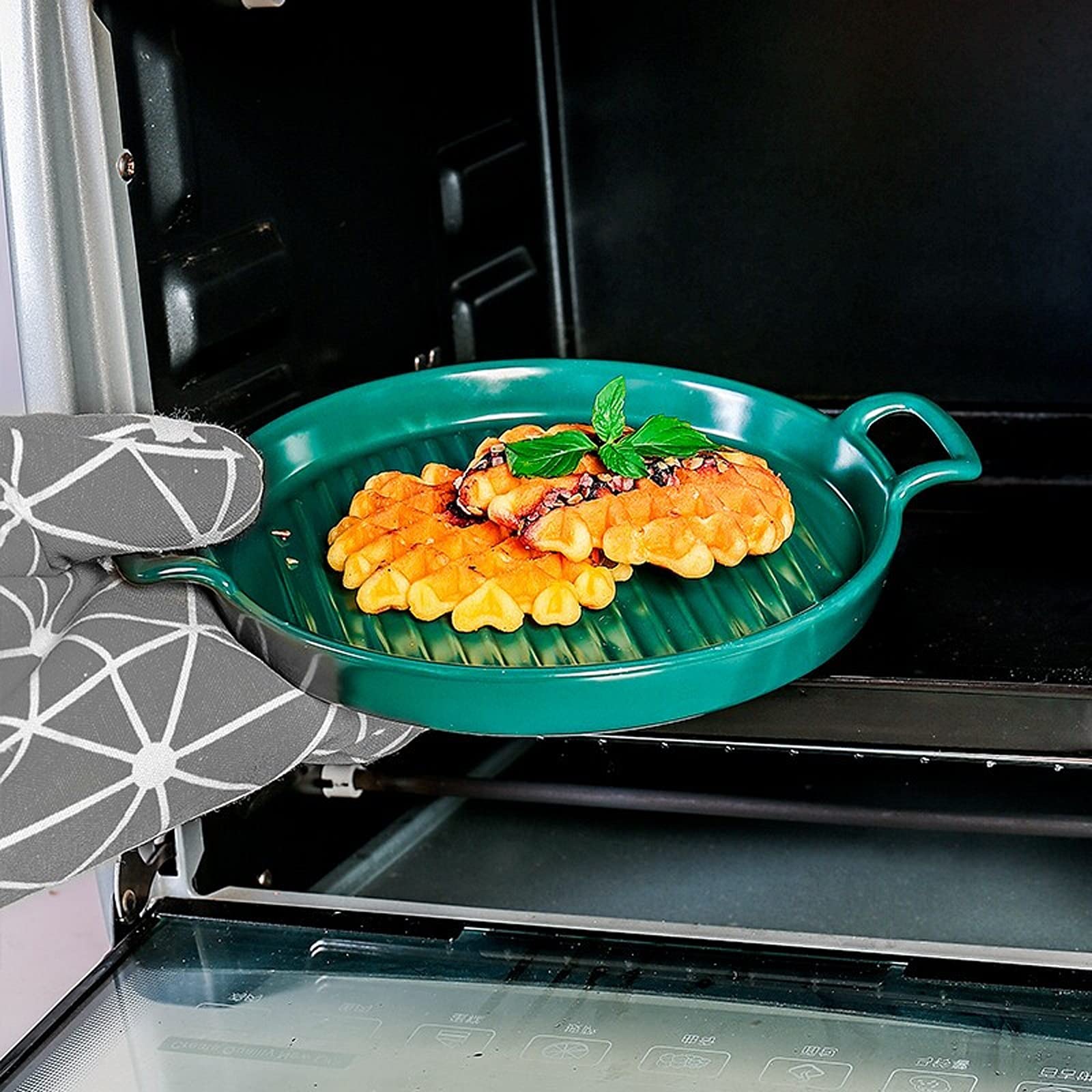 Zestaw do pieczenia porcelanowych patelni do zapiekanek, okrągła ceramiczna forma do pieczenia w paski, naczynia do pieczenia z podwójnym uchwytem do kuchni i domu, zestaw 2 szt. (zielona) prostokątna
