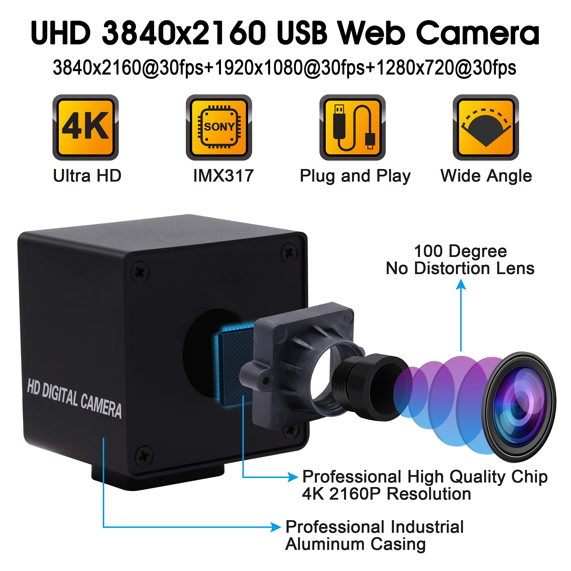 Amazon.co.jp: 4k USB カメラ ELP ウェブカメラ 100 度歪みなしレンズ