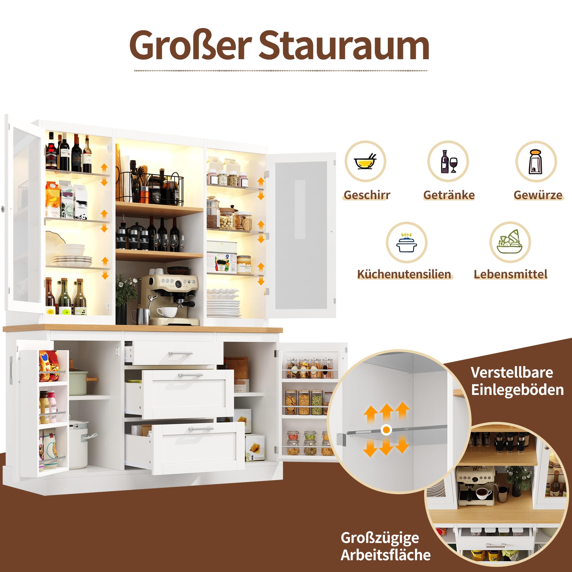 Dolamaní Credenza da cucina, 185 x 140 x 40 cm, buffet con illuminazione a LED controllata da app, ripiani regolabili, 3 cassetti, piano di lavoro (bianco)