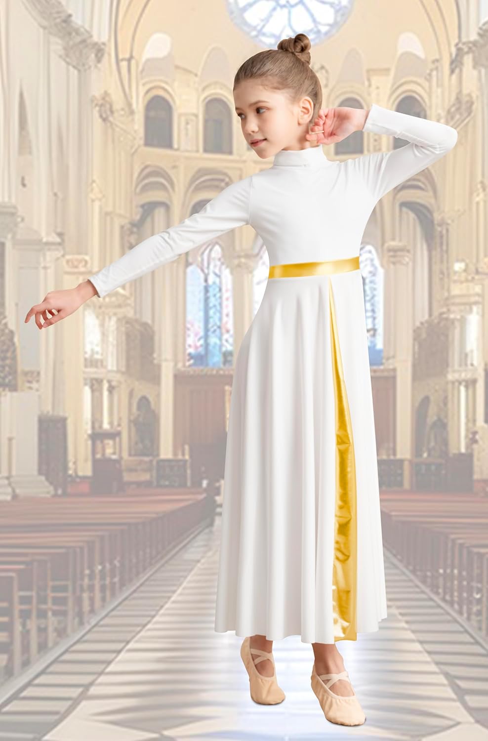 Girls High Neck Praise Dance Dress Loose Fit Full Length Long Sleeve Liturgical Dance Dress - Image 3